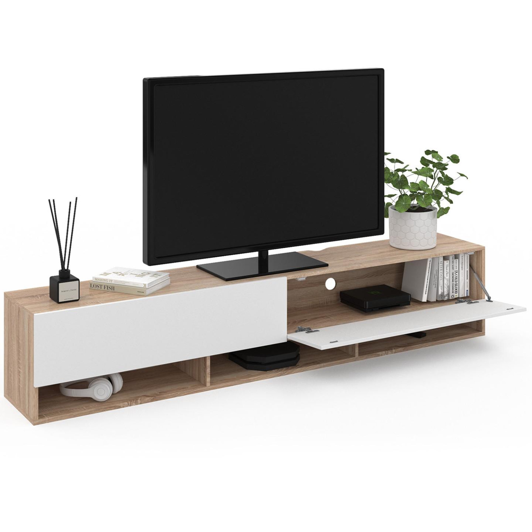 Voir la diapositive 4 : ID MARKET Meuble tv 180 cm suspendu elio 2 portes avec étagère bois et blanc