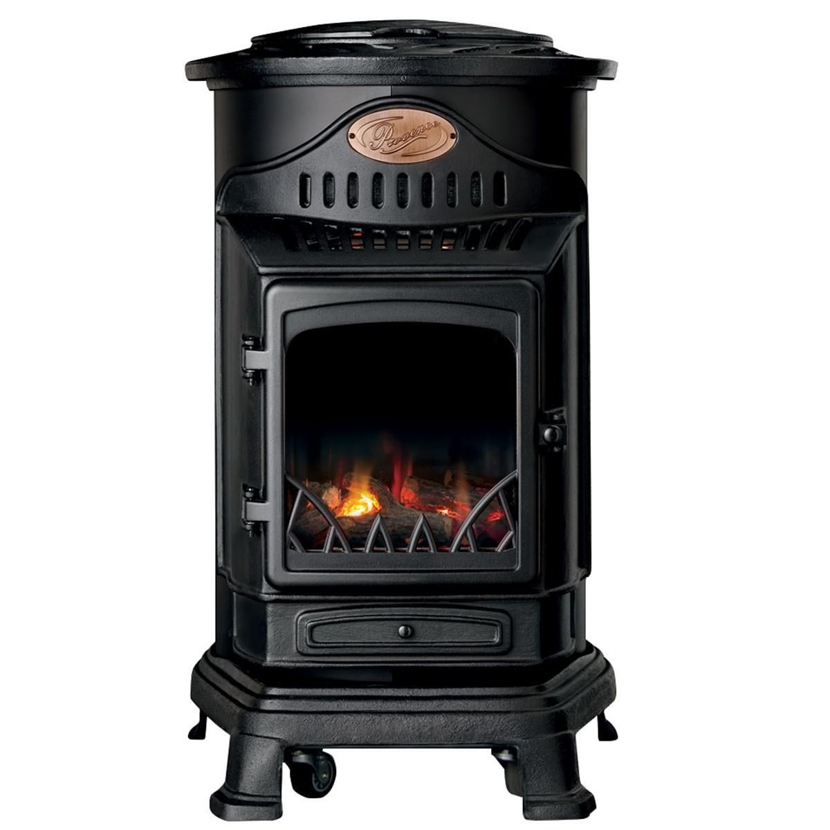 UNIVERSAL Poêle à gaz Fonte véritable 3,4KW noir Effet feu + Tuyau gaz + détendeur butane Provence UNIVERSAL