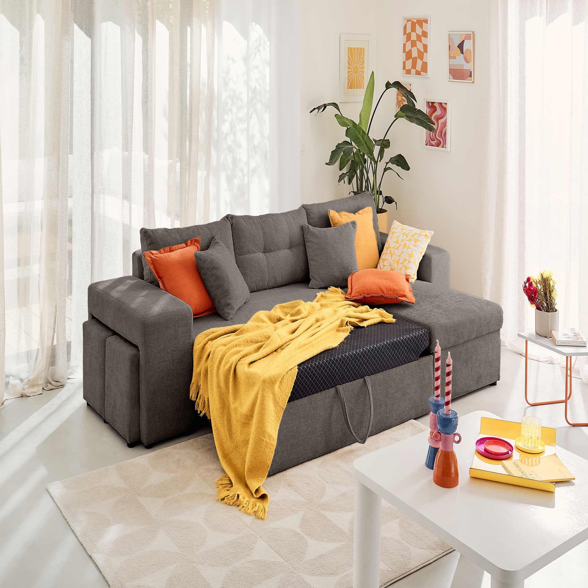 Voir la diapositive 2 : BEST MOBILIER California - canapé d'angle réversible 4 places - convertible avec coffre, étagère et poufs - en velours texturé
