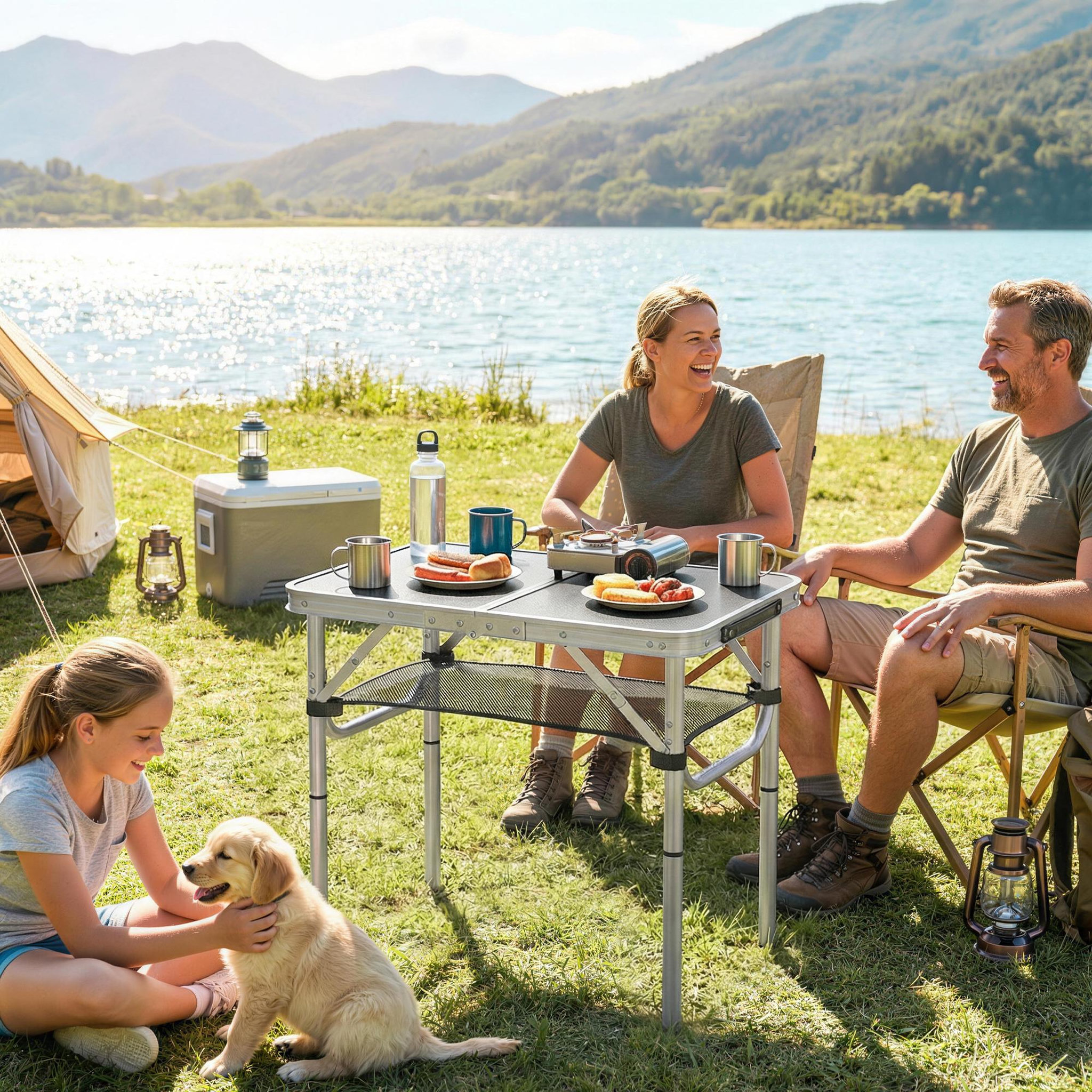 Voir la diapositive 6 : OUTSUNNY Table de camping pliable réglable alu noir avec rangement filet