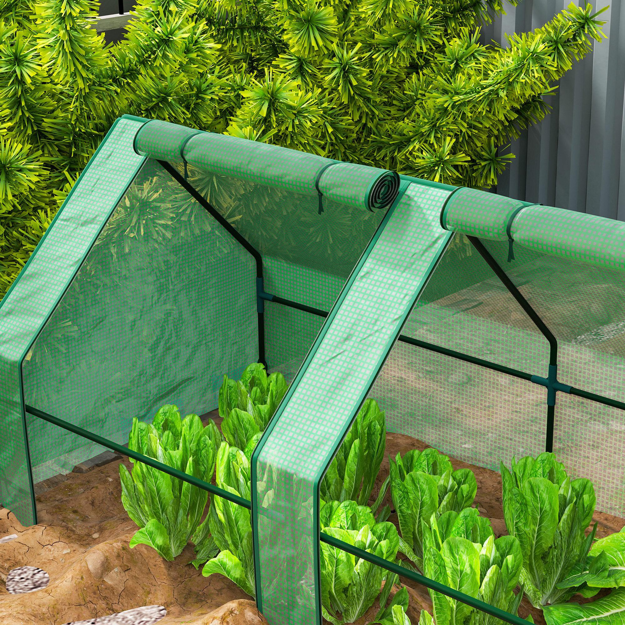 Voir la diapositive 4 : OUTSUNNY Mini serre tunnel de jardin - 4 fenêtres avec zip enroulables - acier pe 140 g/m² anti-uv - 360x90x90cm - vert
