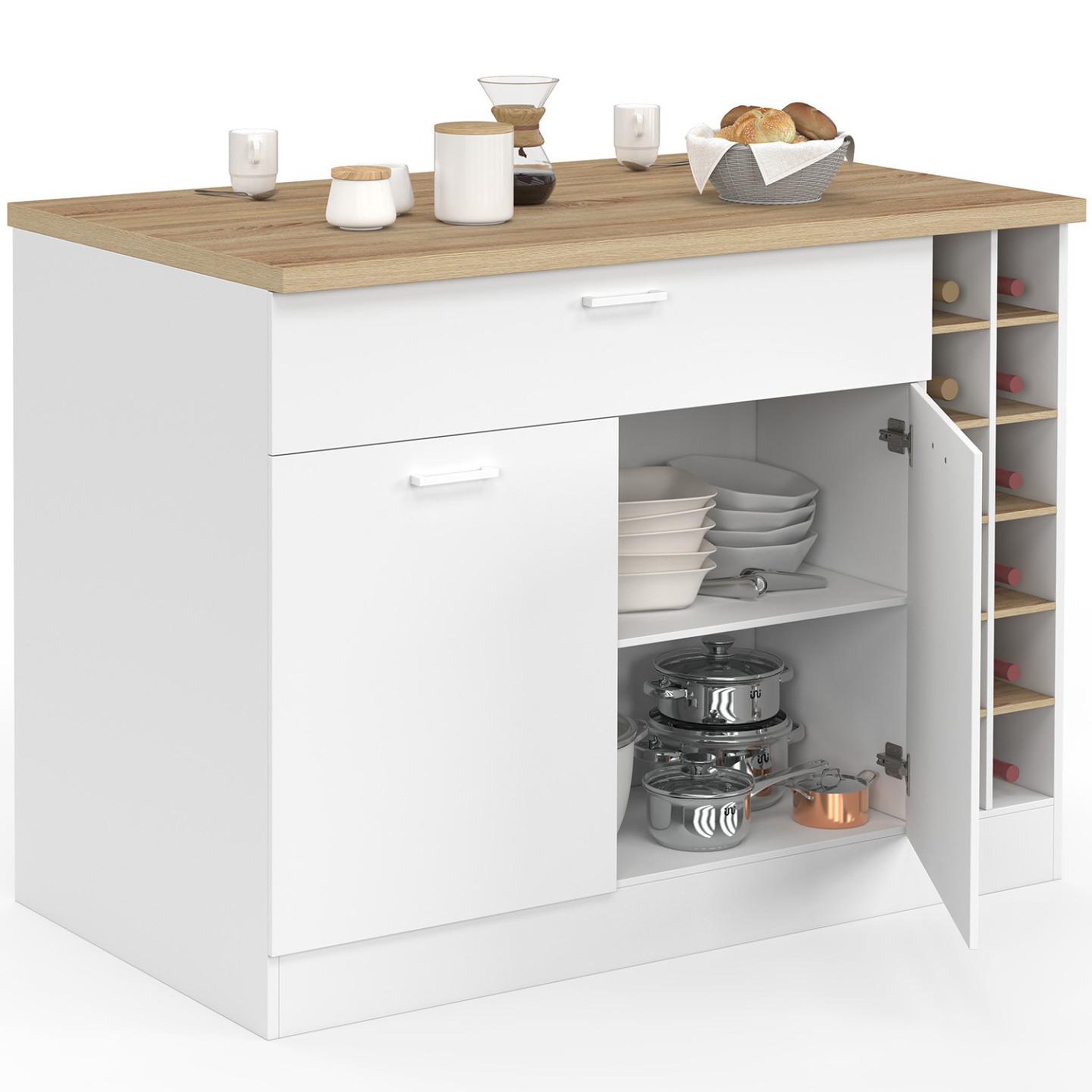 Voir la diapositive 4 : ID MARKET Ilot central george 120 cm avec range-bouteilles placard et tiroir bois blanc avec plan de travail façon hêtre