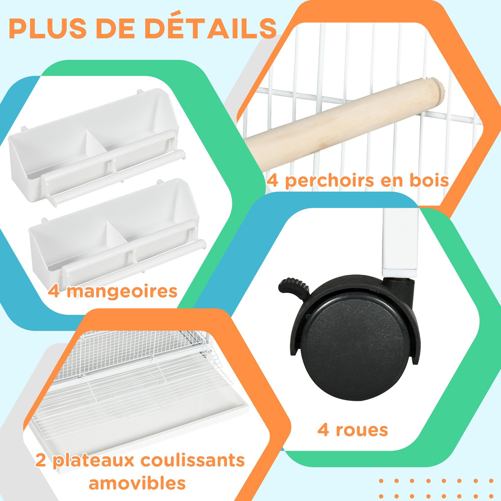 Voir la diapositive 4 : PAWHUT Volière cage à oiseaux sur roulettes design maison mangeoires perchoirs 10 portes plateaux excréments amovibles acier blanc