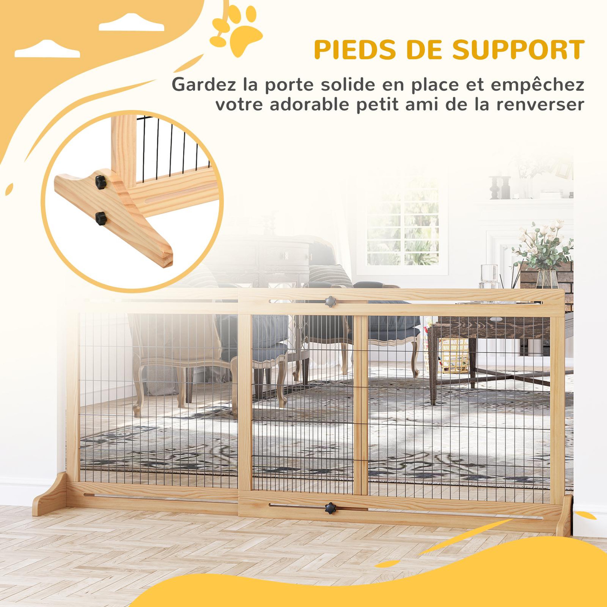 Voir la diapositive 6 : PAWHUT Barrière de sécurité chien barrière autoportante longueur réglable dim. 104-183l x 36l x 69h cm bois pin verni acier noir