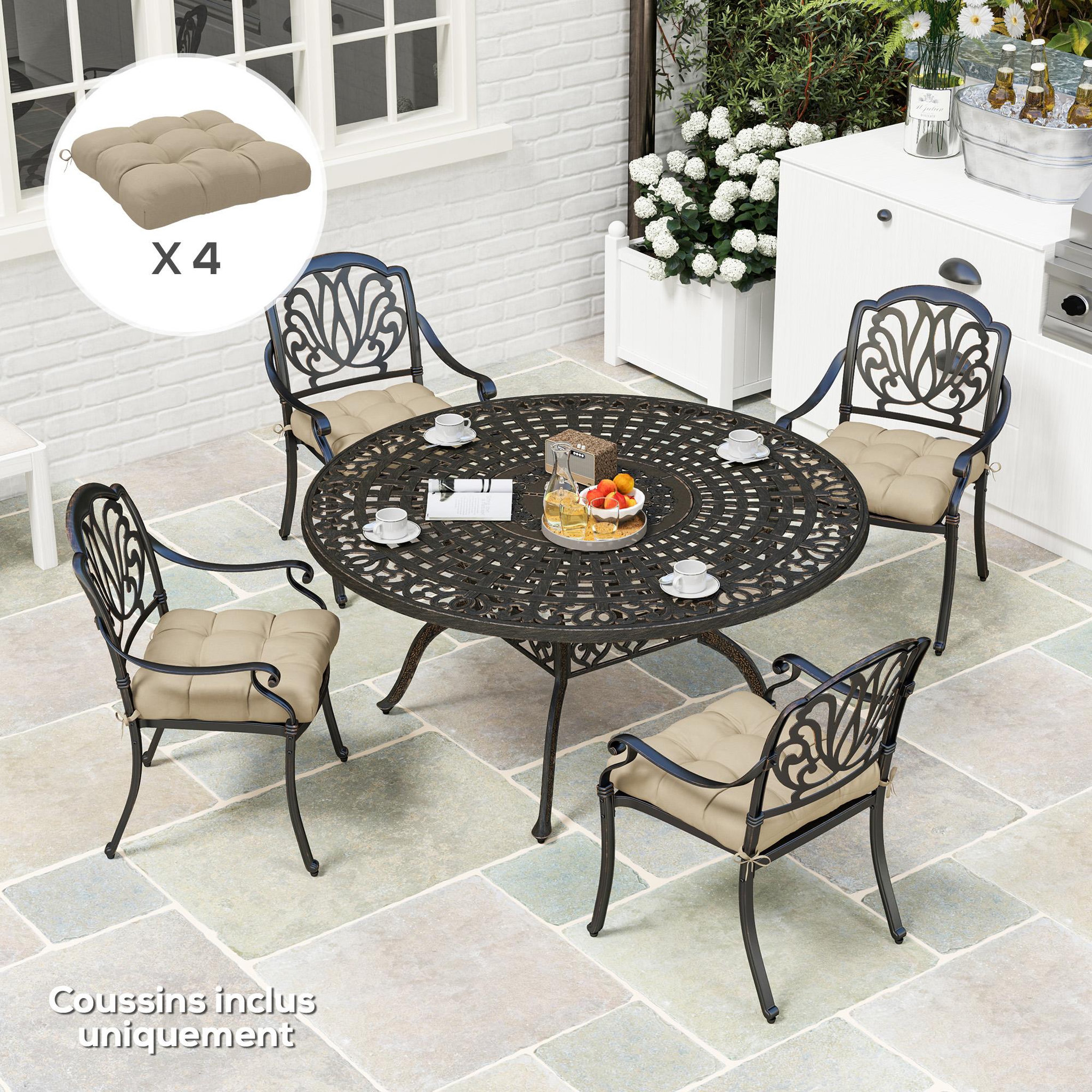 Voir la diapositive 4 : OUTSUNNY Lot de 4 coussins de chaise de jardin avec attaches kaki