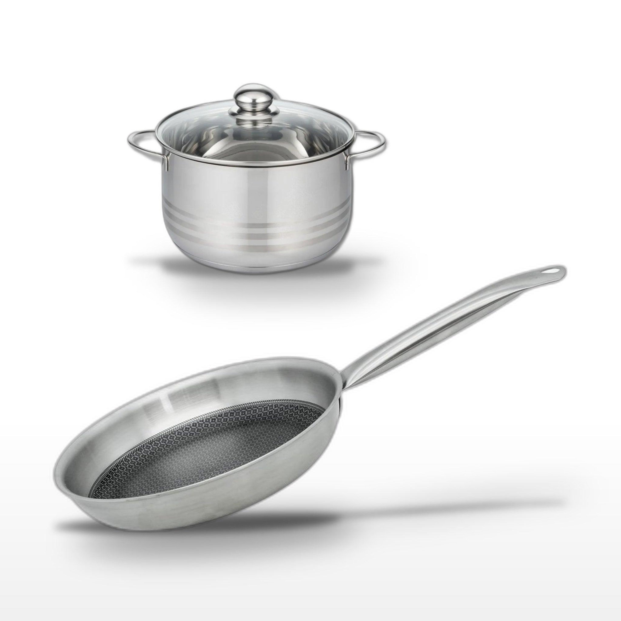 ELO Batterie de cuisine avec 1 poêle de cuisson 28 cm et 1 faitout 20 cm en inox sans pfas elo collection relief solution brillant