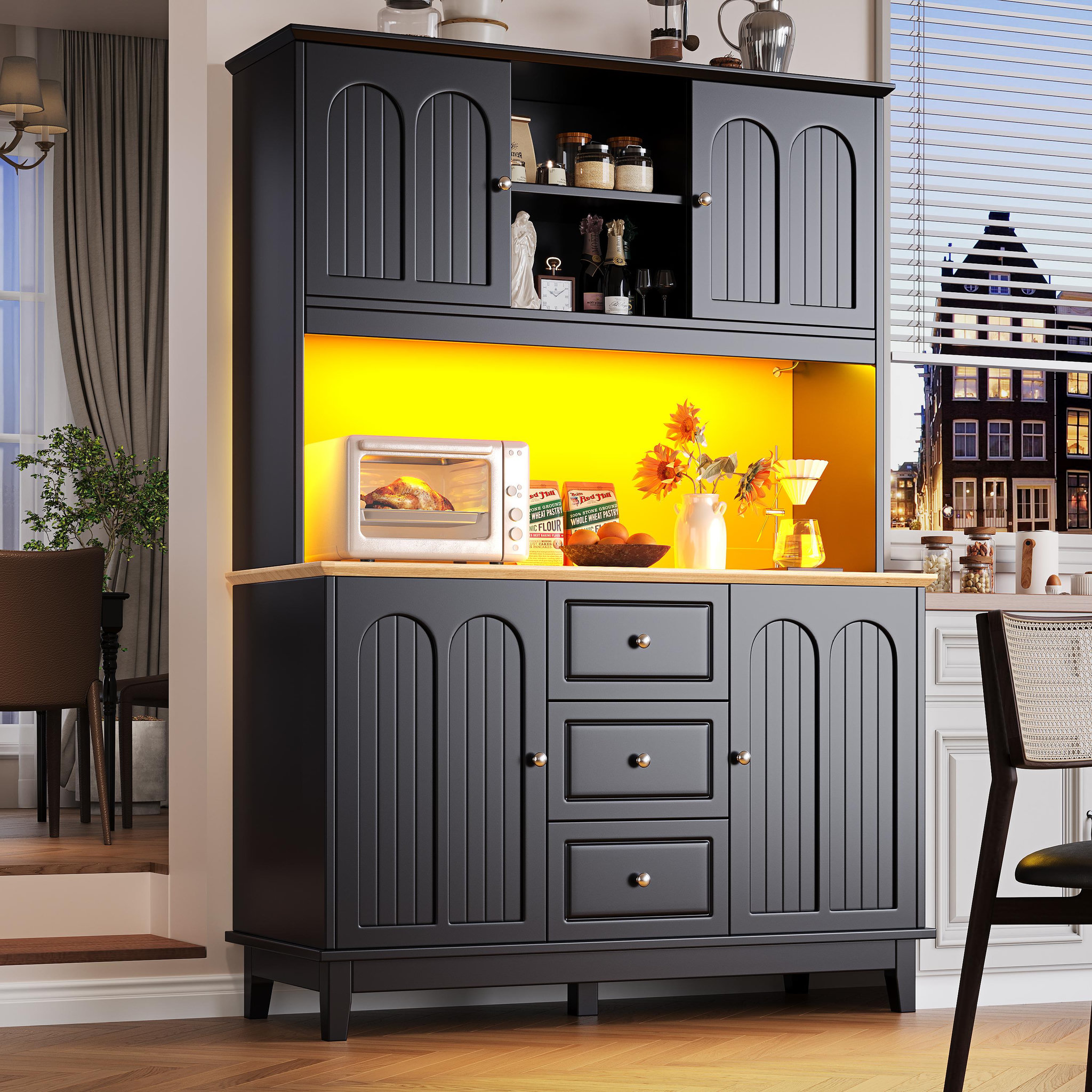 Voir la diapositive 4 : MERAX Buffet de cuisine 4 portes 3 tiroirs - 120 cm noir led mdf