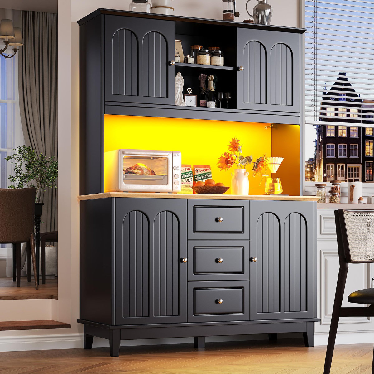 MERAX Buffet de cuisine 4 portes 3 tiroirs - 120 cm noir led mdf