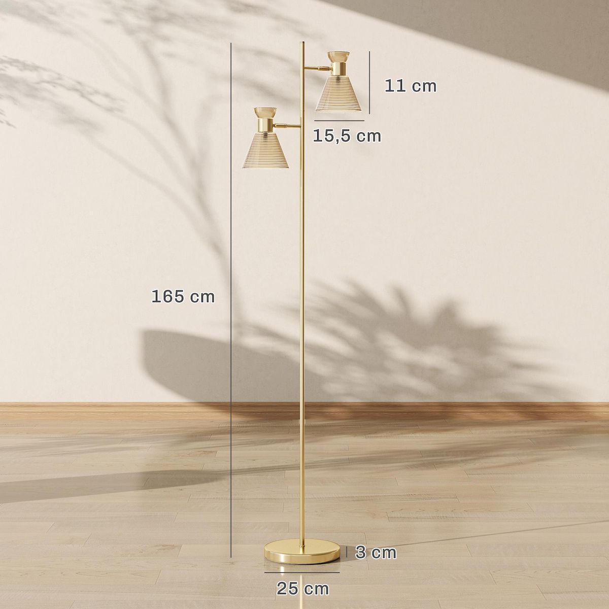 HOMCOM Lampadaire sur pied design H.165cm double tête réglable verre conique métal doré