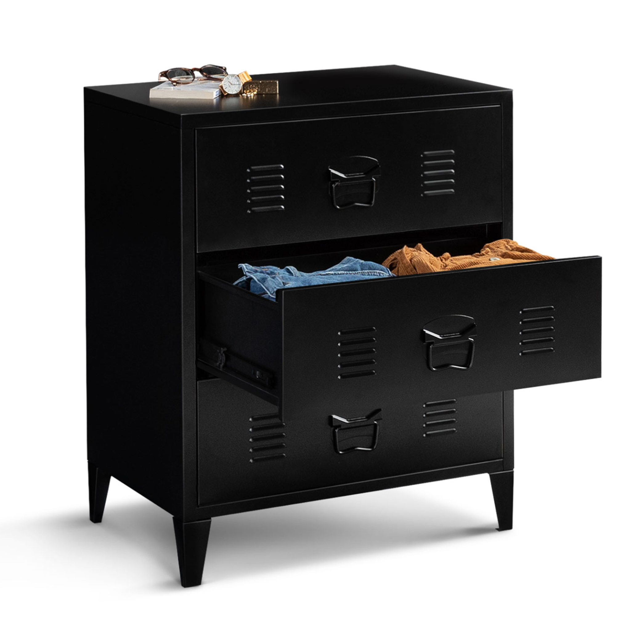 Voir la diapositive 4 : ID MARKET Commode ester 60 cm 3 tiroirs métal noir design industriel
