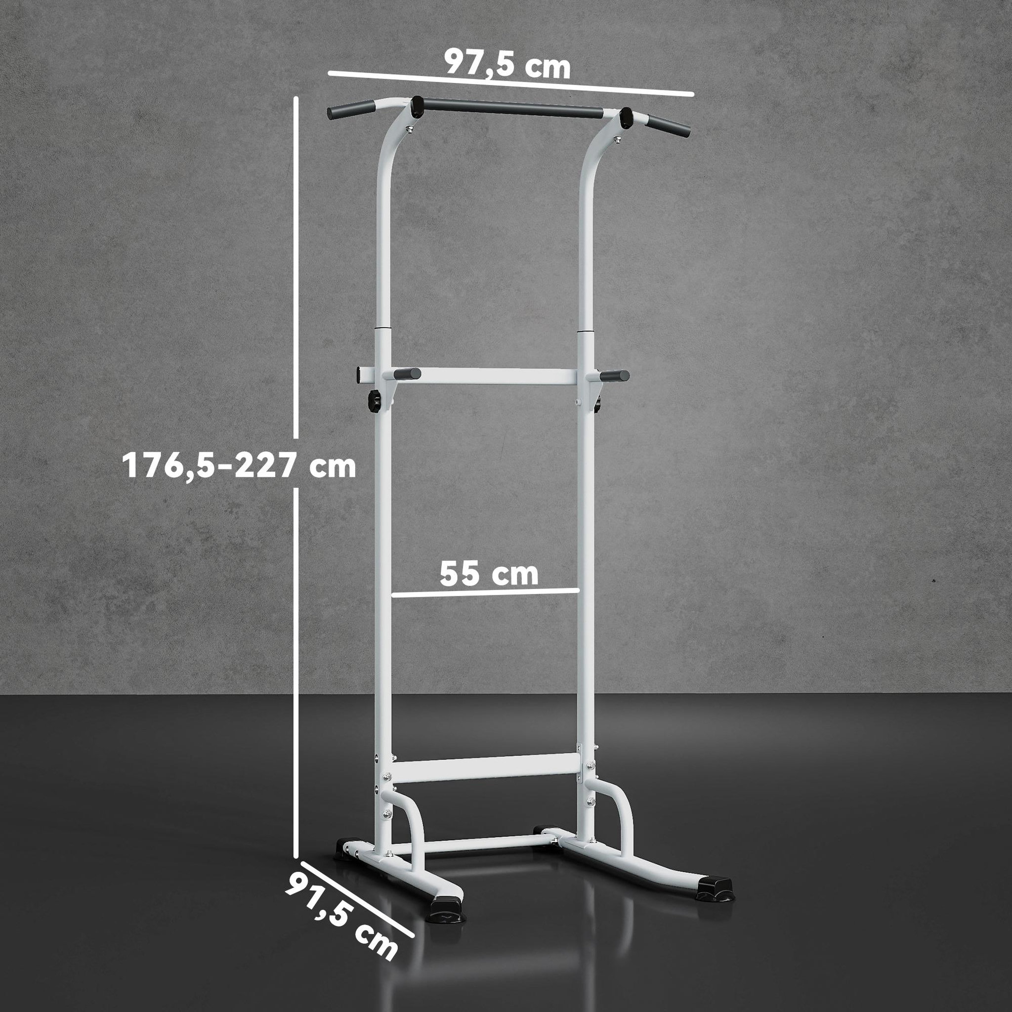 Voir la diapositive 3 : HOMCOM Station de traction et dips - barre de traction autoportante réglable h.176-227cm - acier blanc