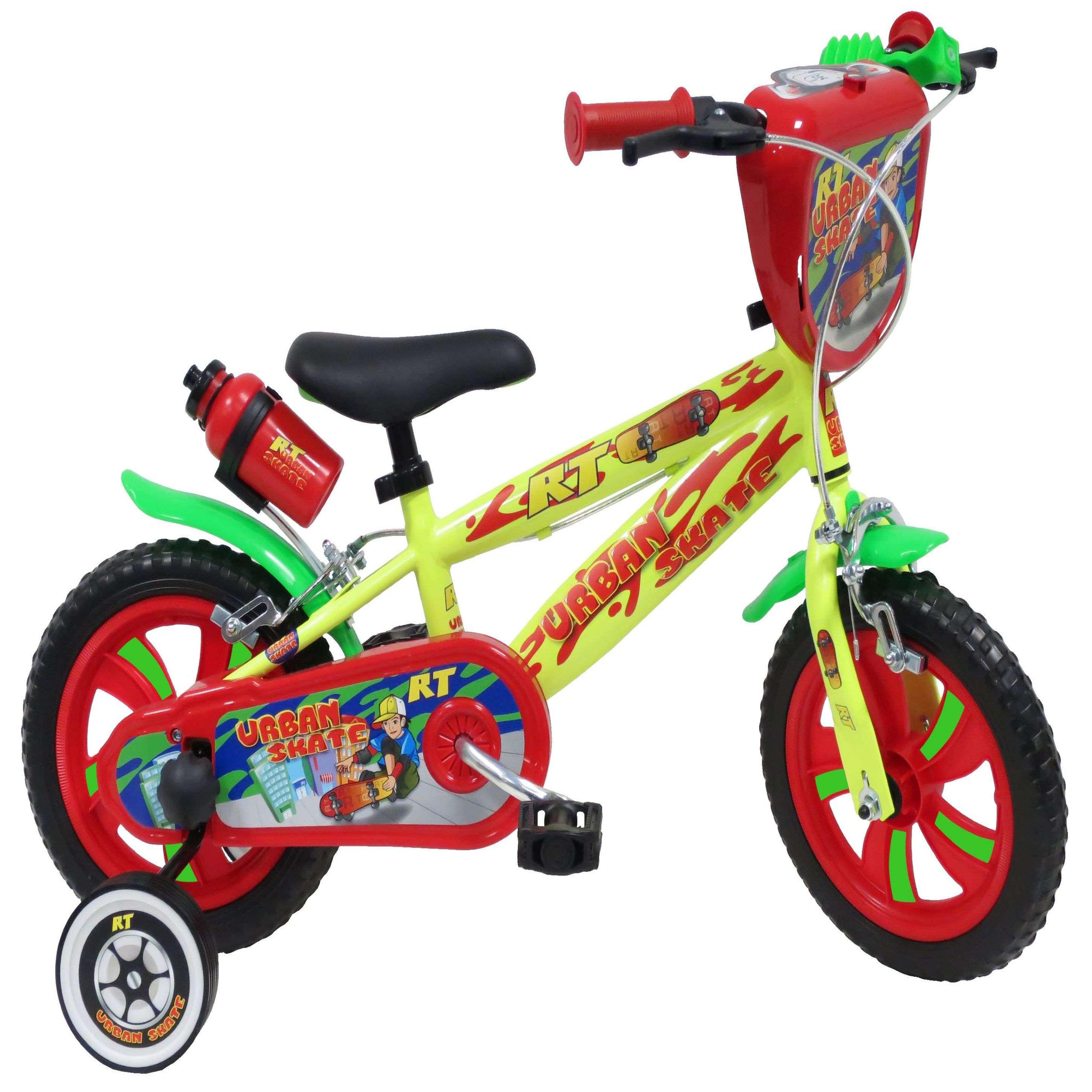 Vélo enfant - Modèle 12'' Urban Skate pour enfant de 85 à 100 cm - Stabilisateurs - Plaque décorative avant - Bidon arrière - 2 freins