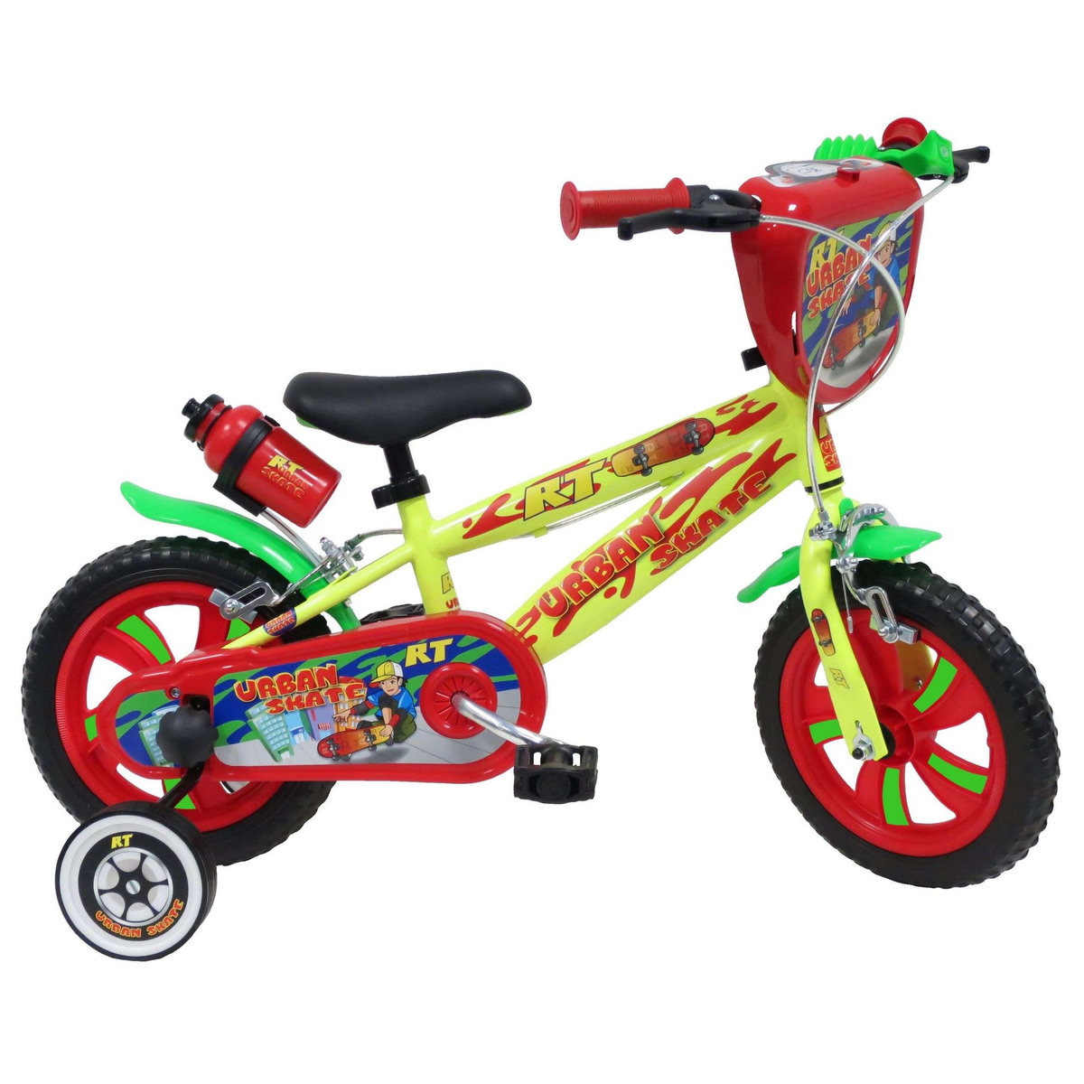 Vélo enfant - Modèle 12'' Urban Skate pour enfant de 85 à 100 cm - Stabilisateurs - Plaque décorative avant - Bidon arrière - 2 freins