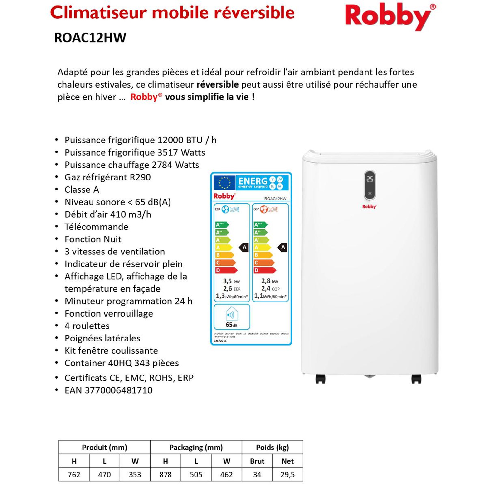 Voir la diapositive 6 : Robby Climatiseur mobile réversible 3500w avec kit fenêtre - ROAC12HW