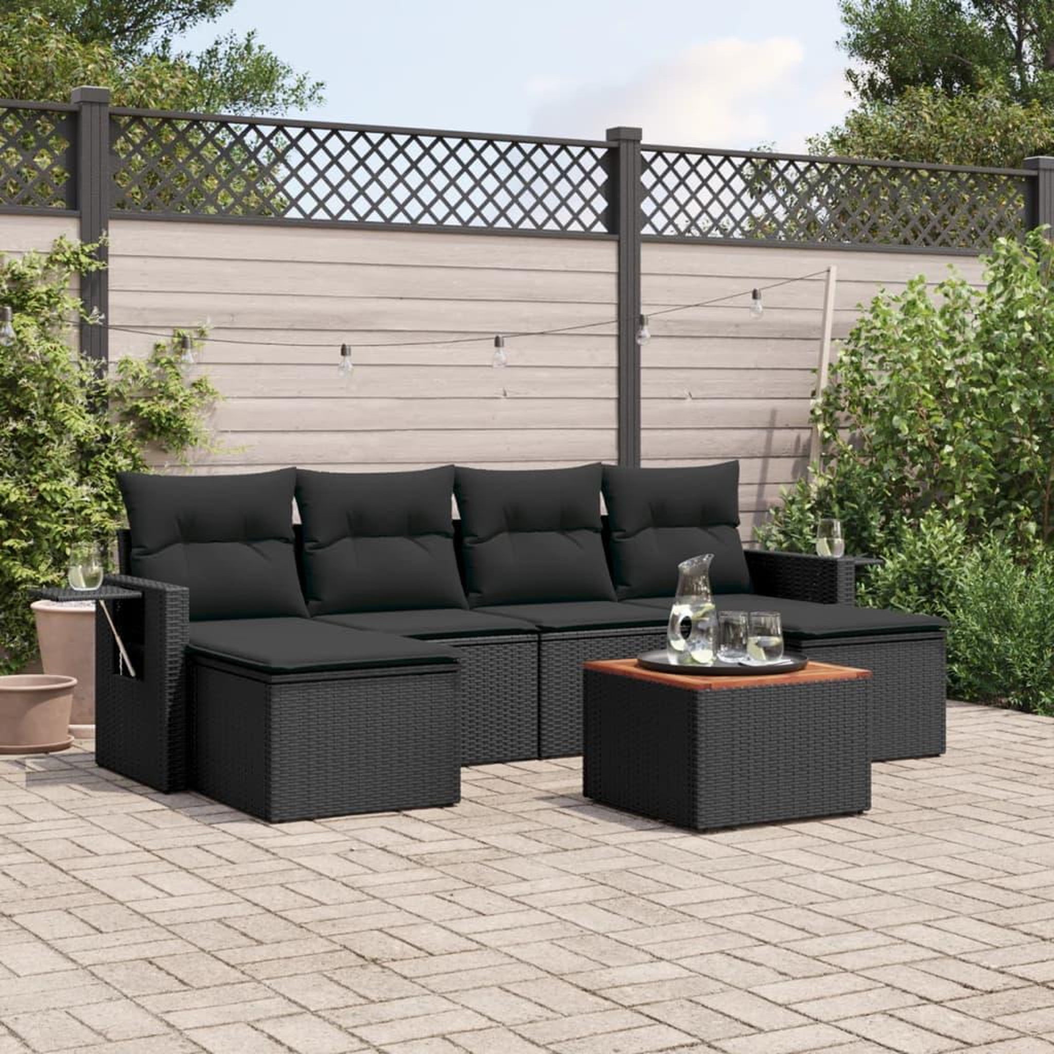 VIDAXL Salon de jardin 7 pcs avec coussins noir resine tressee