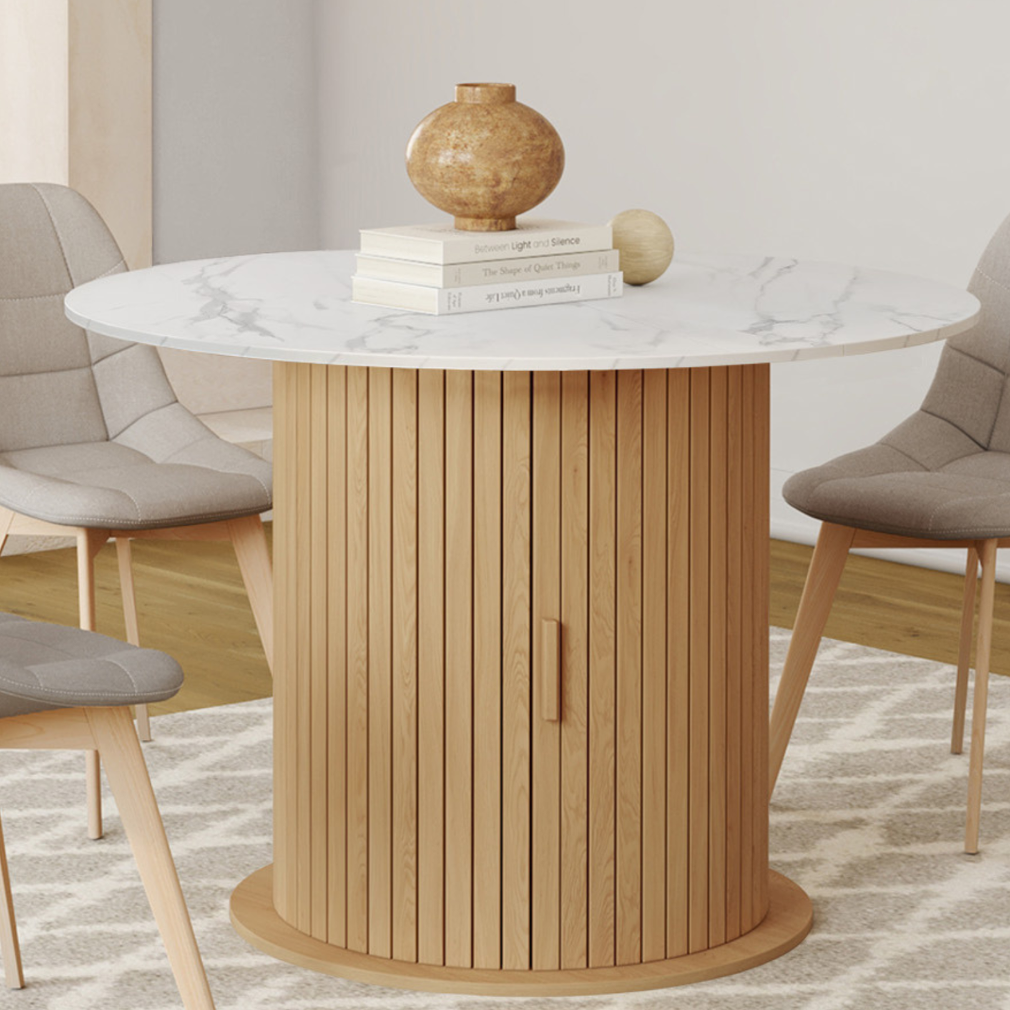 Voir la diapositive 4 : ID MARKET Table à manger extensible ronde juliette 4-8 personnes pied lattes avec rangement et plateau effet marbre blanc 110-150 cm
