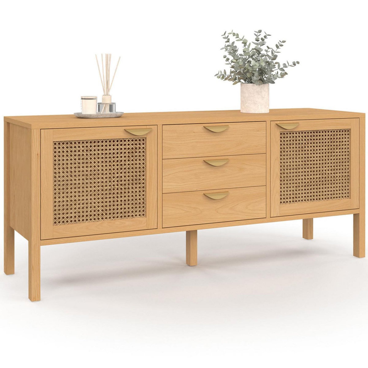 ID MARKET Buffet bas 140 cm EDHEN 2 portes et 3 tiroirs bois et cannage