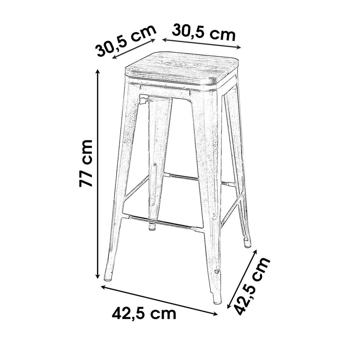 TOILINUX Lot de 4 Tabourets de bar vintage Liv - Hauteur 77 cm. - Noir