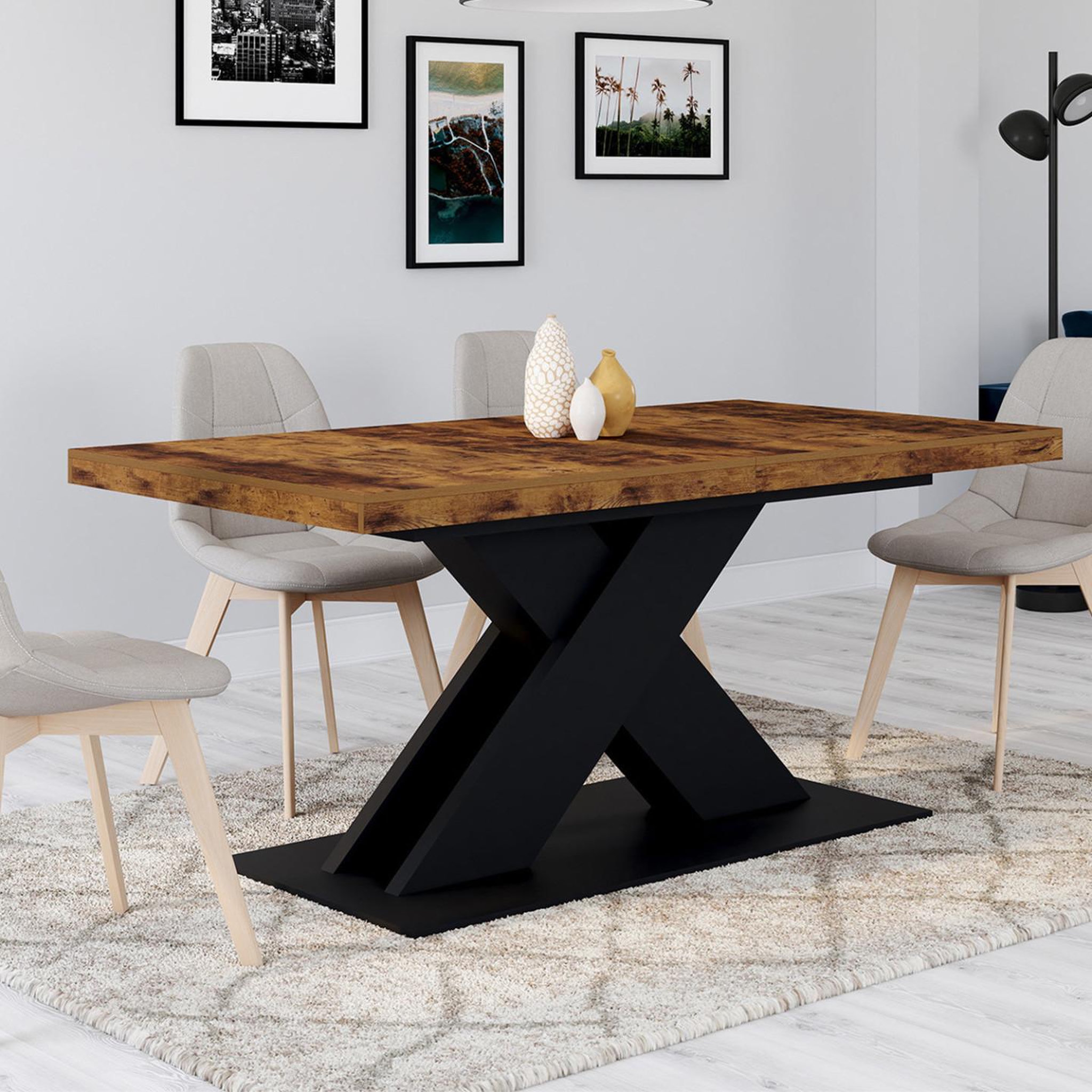 Voir la diapositive 4 : ID MARKET Table à manger extensible rectangle alicia 6-10 personnes plateau bois foncé hawkins et pied x noir 160-200 cm