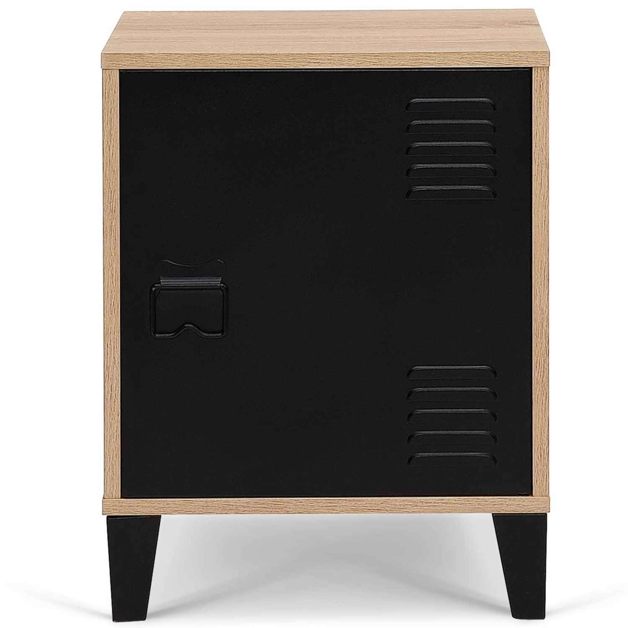 Voir la diapositive 3 : ID MARKET Table de chevet ester effet bois 1 porte métal noir design industriel