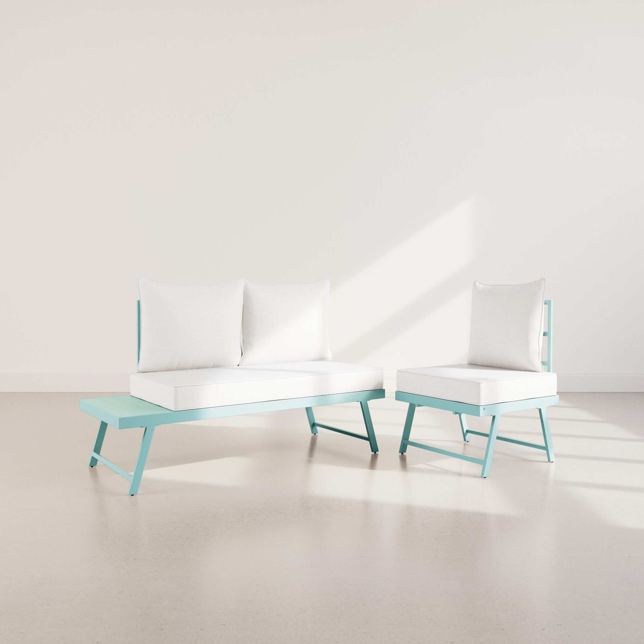 Voir la diapositive 3 : BEST MOBILIER Isadora - salon de jardin 3 places - modulable - vert avec coussins beiges