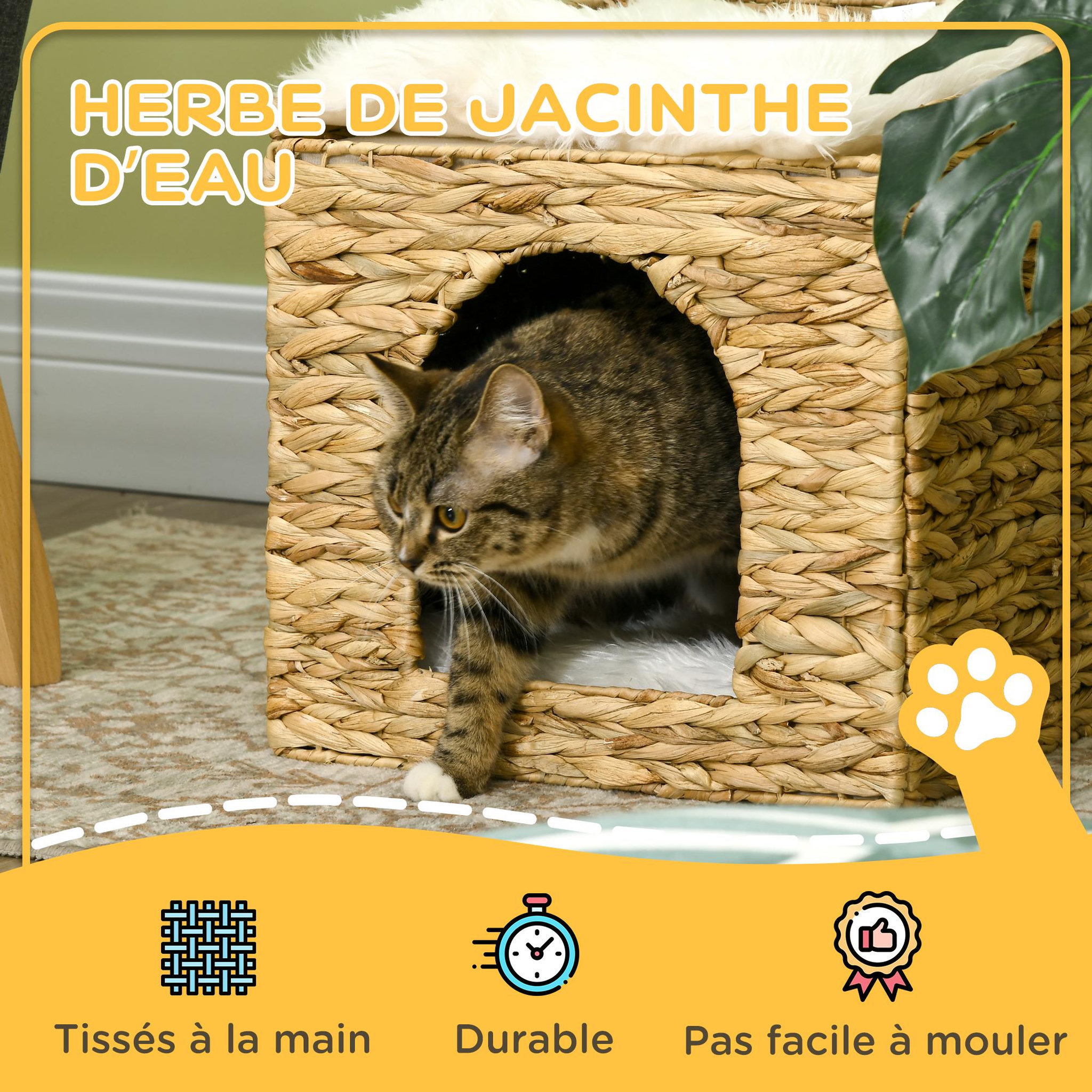 Voir la diapositive 4 : PAWHUT Panier chat lit chat cosy grand confort dim. Ø 37 x 41h cm coussins doux inclus jacinthe d'eau