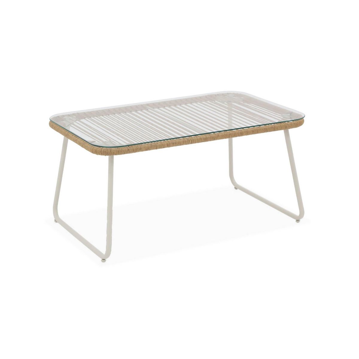 SWEEEK Salon de jardin en corde résine plastique et acier galvanisé, table basse en verre trempé, 4 places