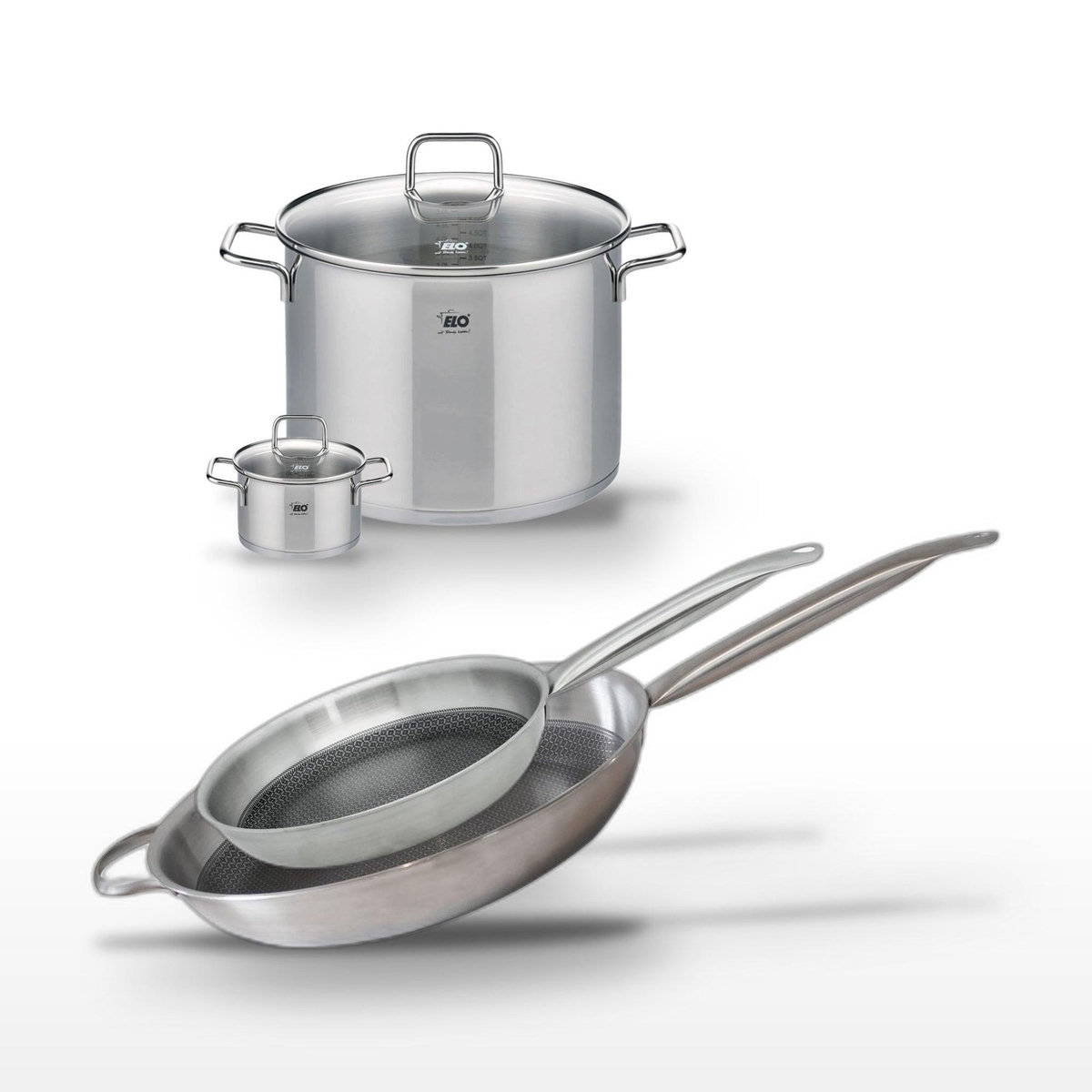 ELO Lot 2 Poêles 32/28cm & 2 Faitouts 26/12cm Elo Relief Solution