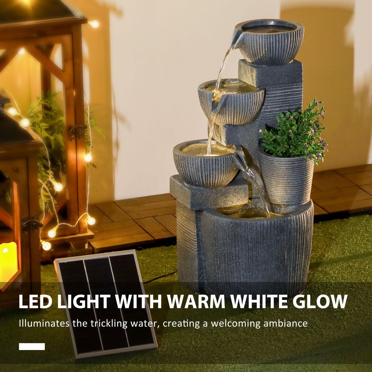 OUTSUNNY Fontaine de jardin à énergie solaire - fontaine cascade LED 4 niv. - pompe, pot de fleur - résine grise
