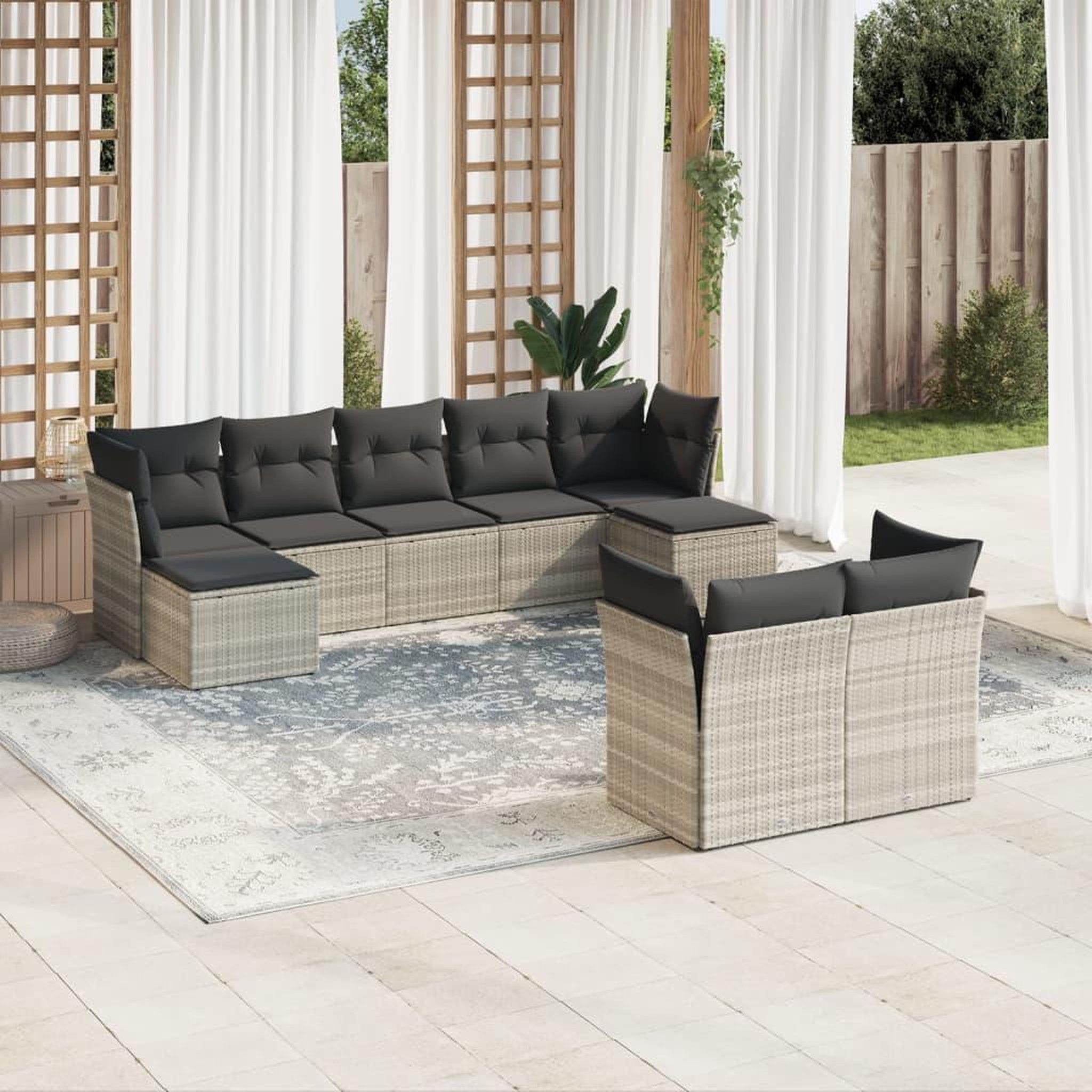 VIDAXL Salon de jardin 9 pcs avec coussins gris clair resine tressee