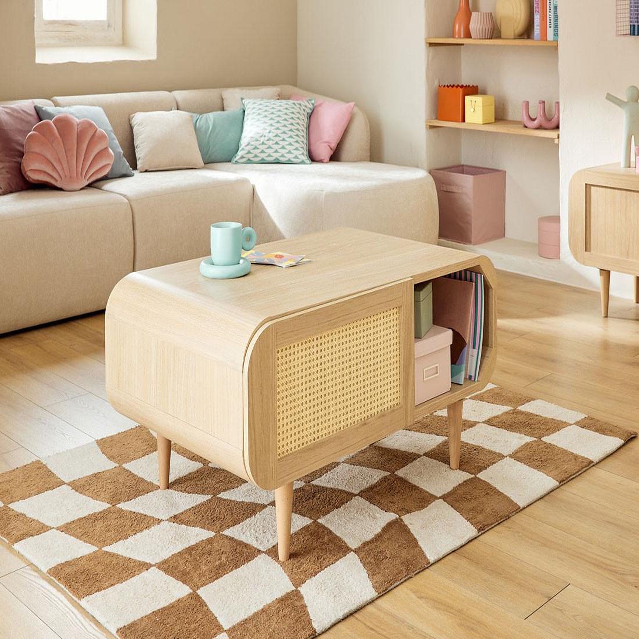 Voir la diapositive 4 : BEST MOBILIER Mathilde - table basse - effet bois et cannage - 1 niche - 100 cm