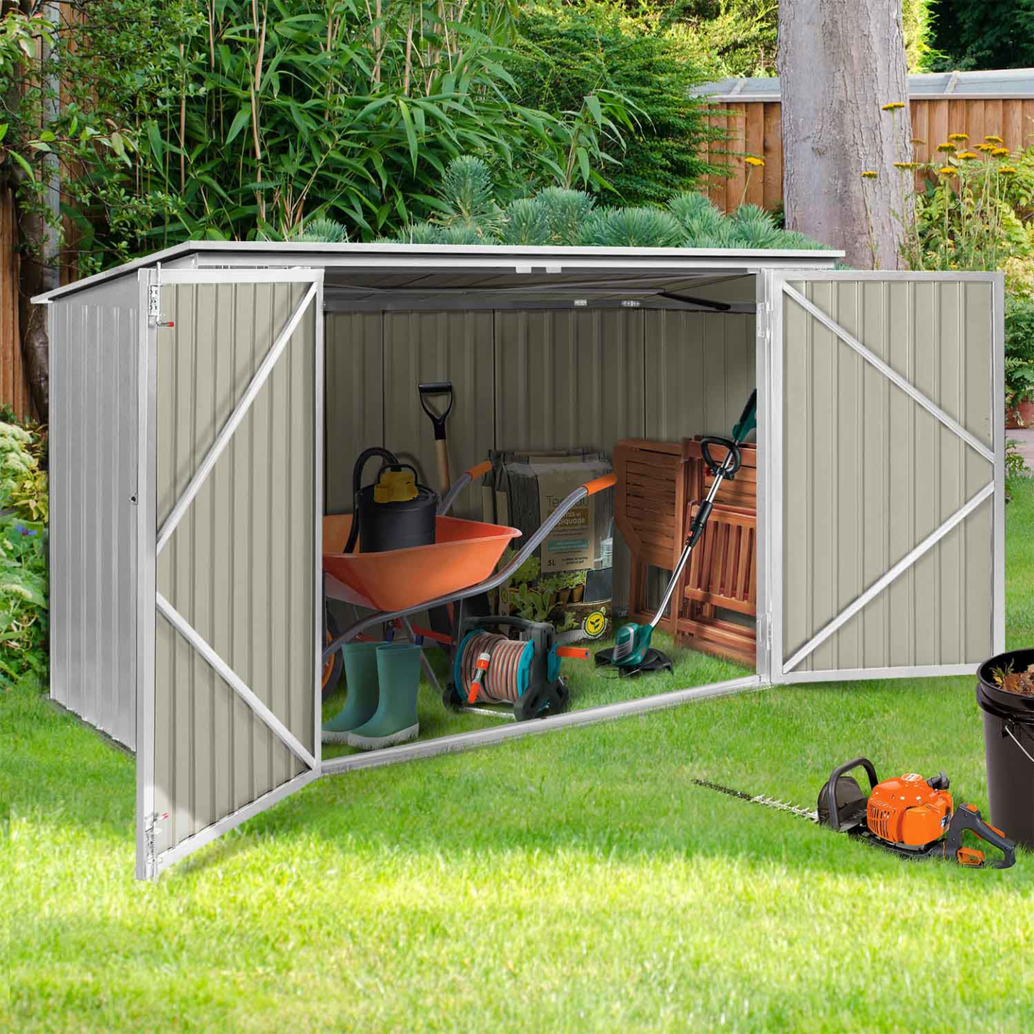 Voir la diapositive 2 : ID MARKET Abri de jardin en métal gris clair verrouillable multi-rangement stockage vélos, outils, poubelles
