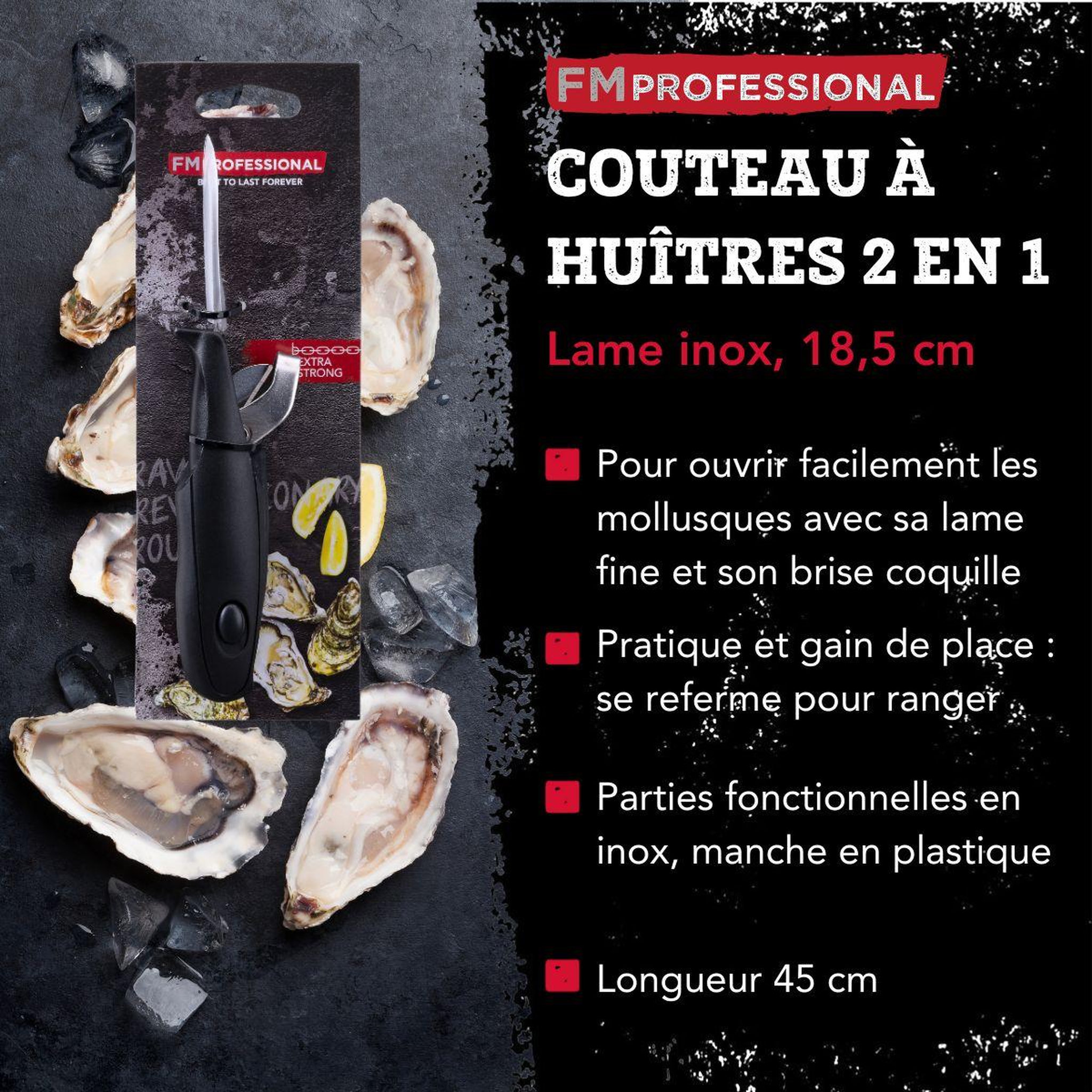 Voir la diapositive 3 : FM PROFESSIONAL Couteau à huître 2 en 1 18 cm FM Professional Divers