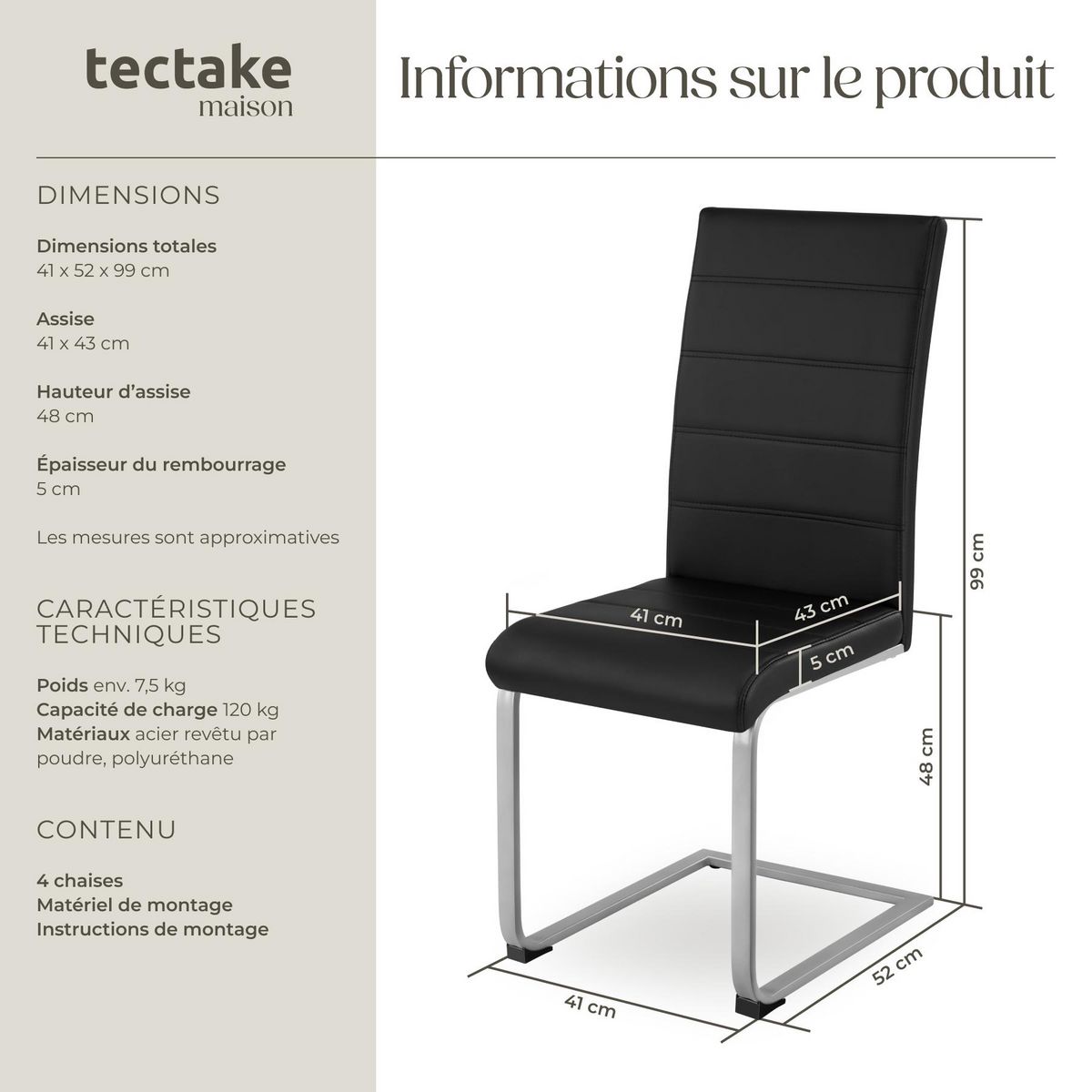 tectake Ensemble de chaises de salle à manger rembourré avec revêtement aspect cuir noir Lot de 4