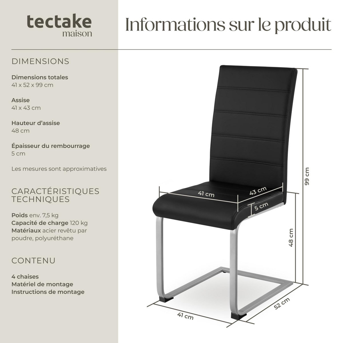 tectake Ensemble de chaises de salle à manger rembourré avec revêtement aspect cuir noir Lot de 4