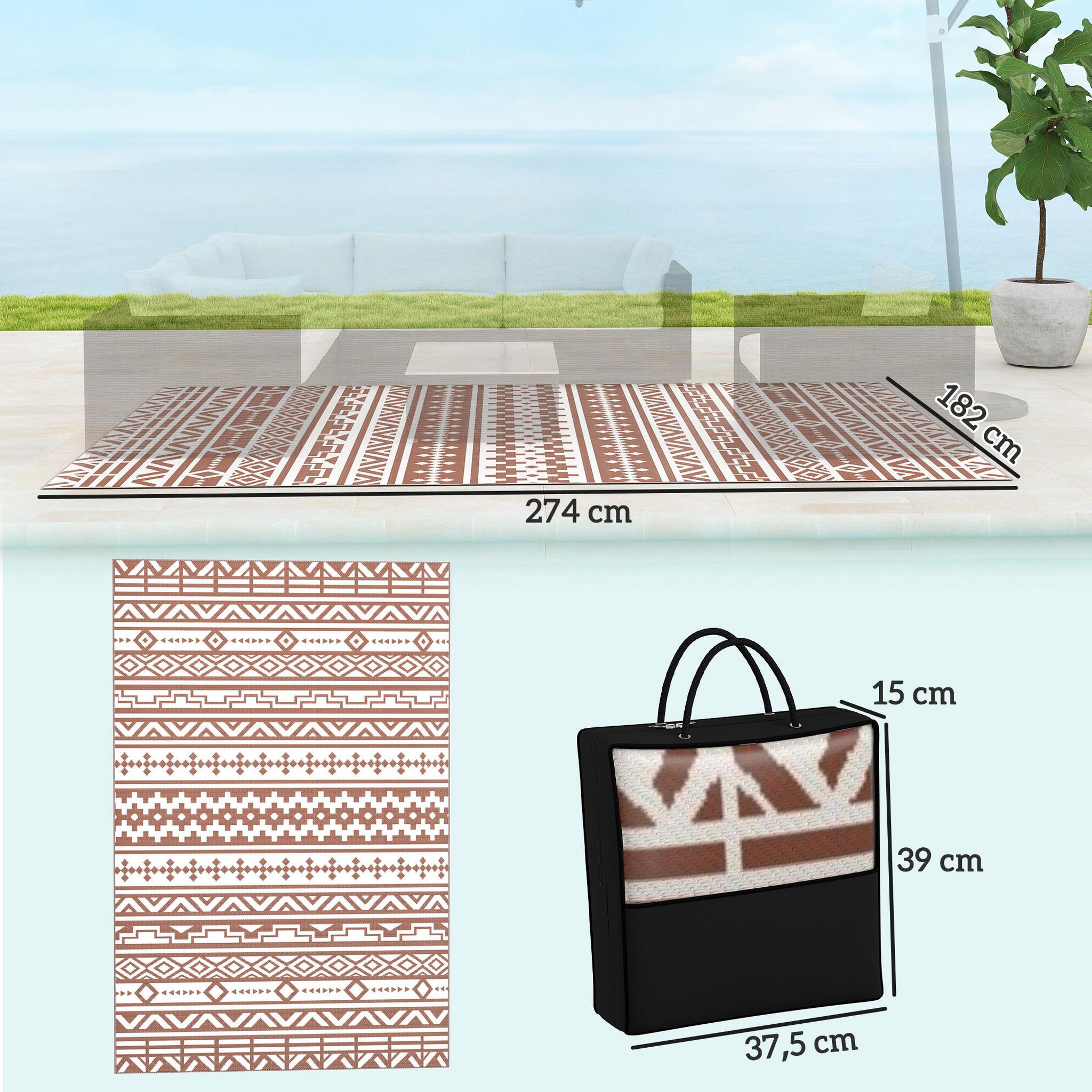 Voir la diapositive 3 : OUTSUNNY Tapis d'extérieur réversible motif graphique dim. 1,8 x 2,7 m sac transport inclus terracotta beige