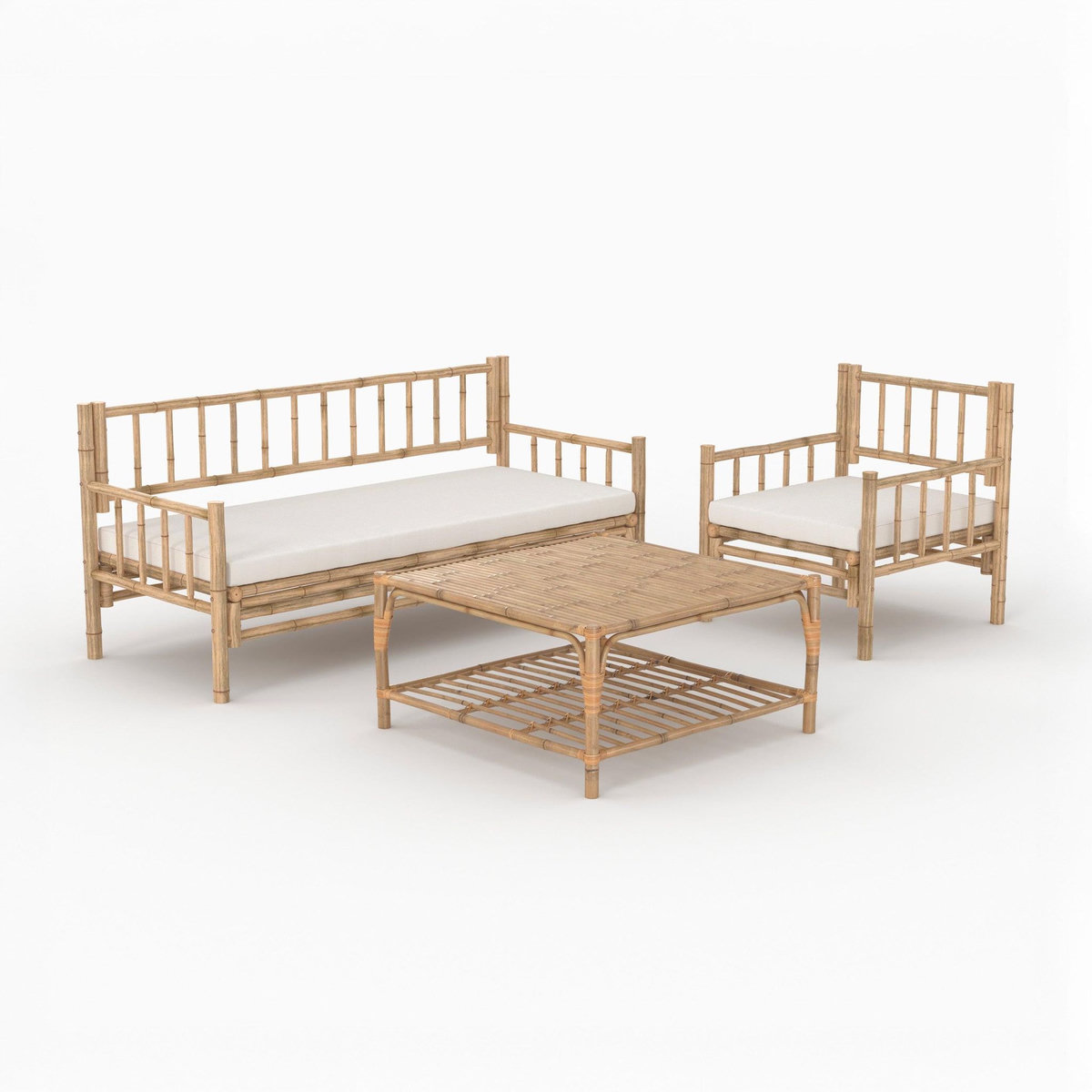 Rendez vous déco Salon de jardin blanc 4 personnes en bambou, table basse carré-Vadella