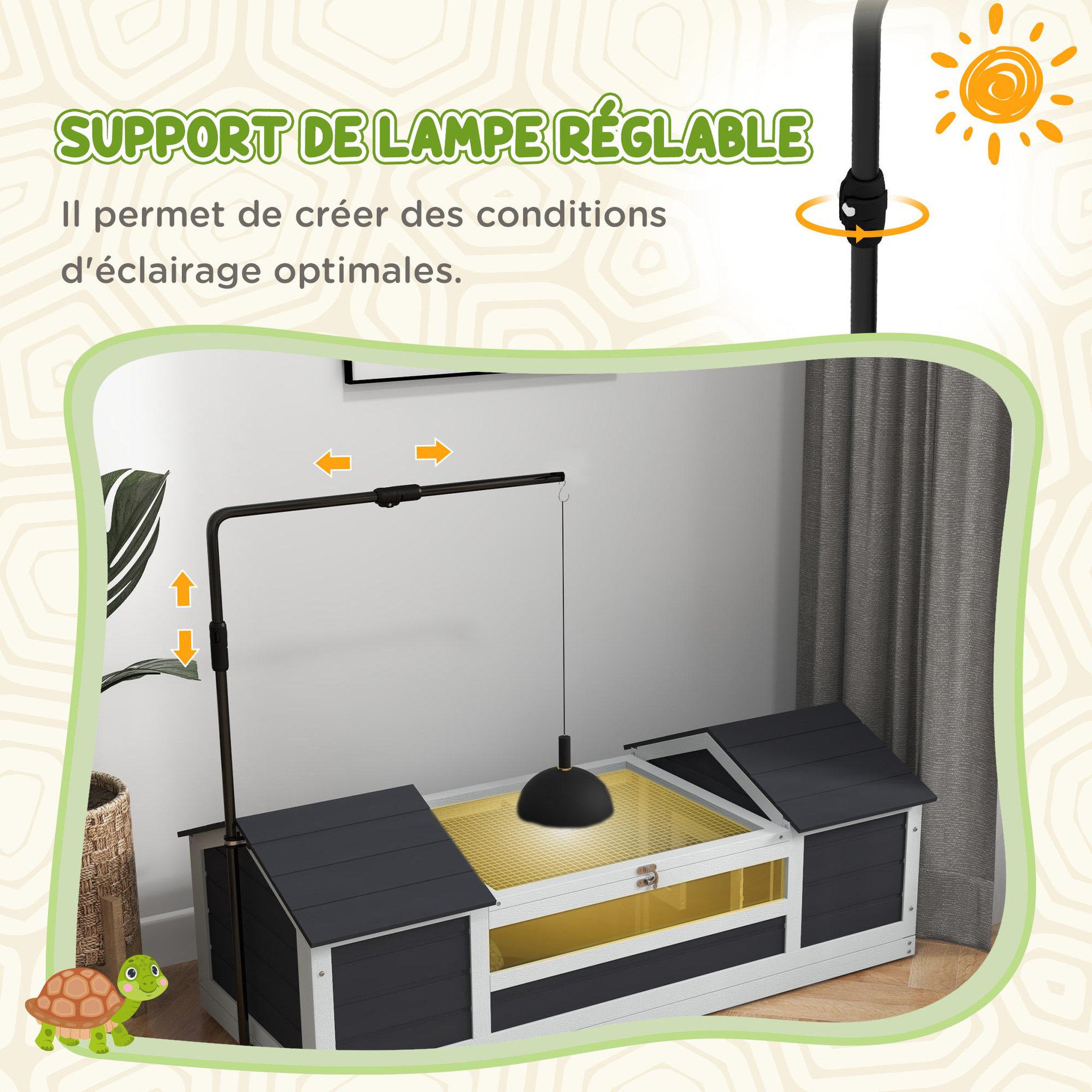 Voir la diapositive 5 : PAWHUT Maison tortue terrestre extérieure - enclos tortue 2 niches, support lampe réglable, toit ouvrable - acrylique bois gris
