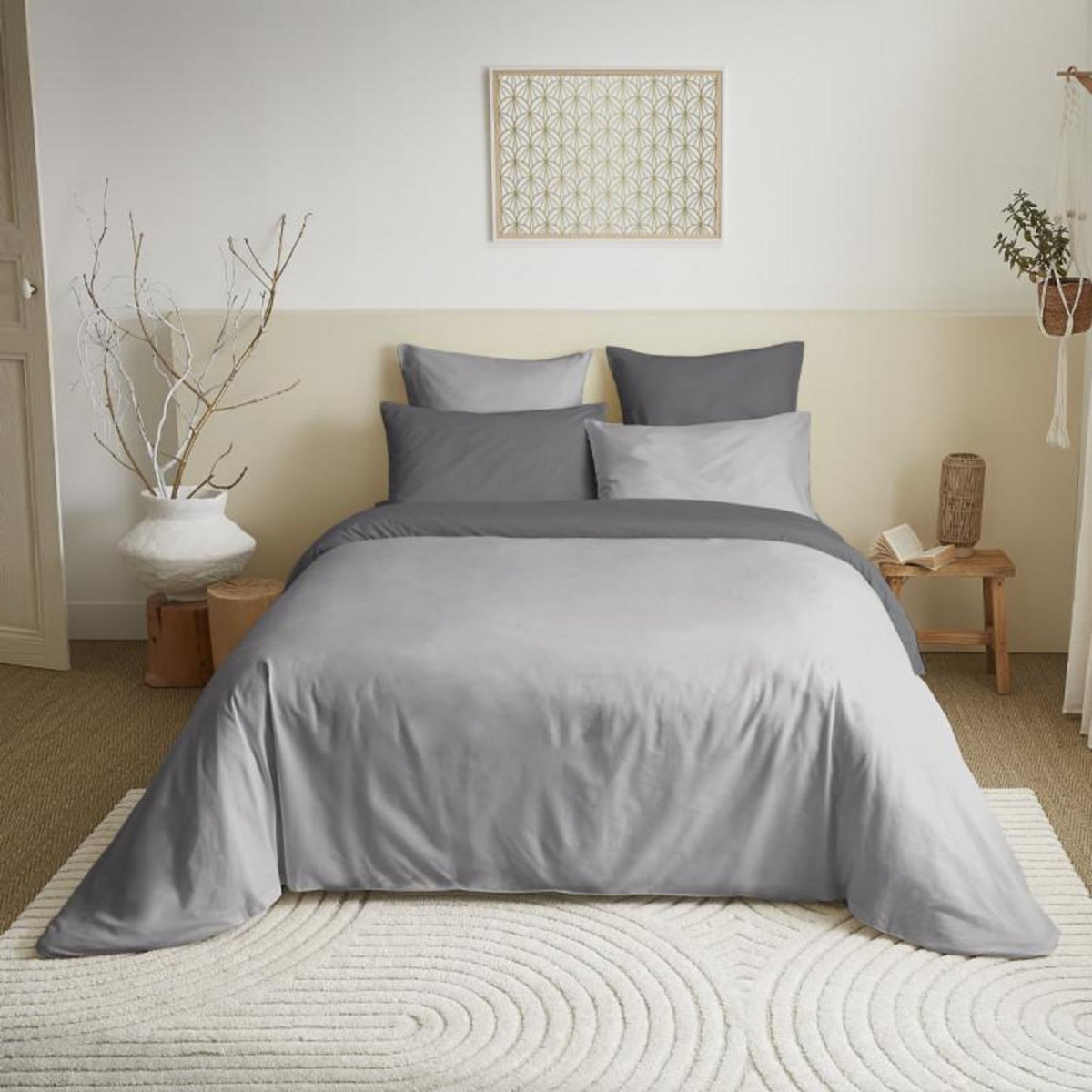 COTON PUR Pack complet 6 pièces Gris/Anthracite réversible housse de couette pour lit 140 x 190 cm
