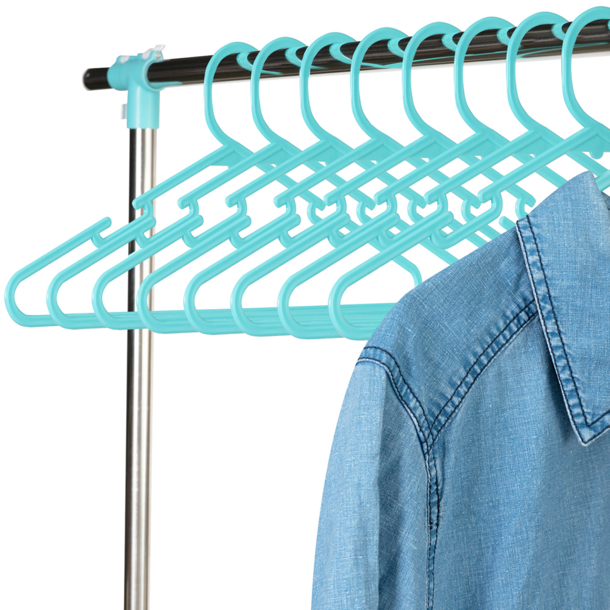 ID MARKET Séchoir à linge vertical pliable 3 niveaux OPTIMUM capacité 30M avec tringle télescopique cintres et pinces blanc et bleu