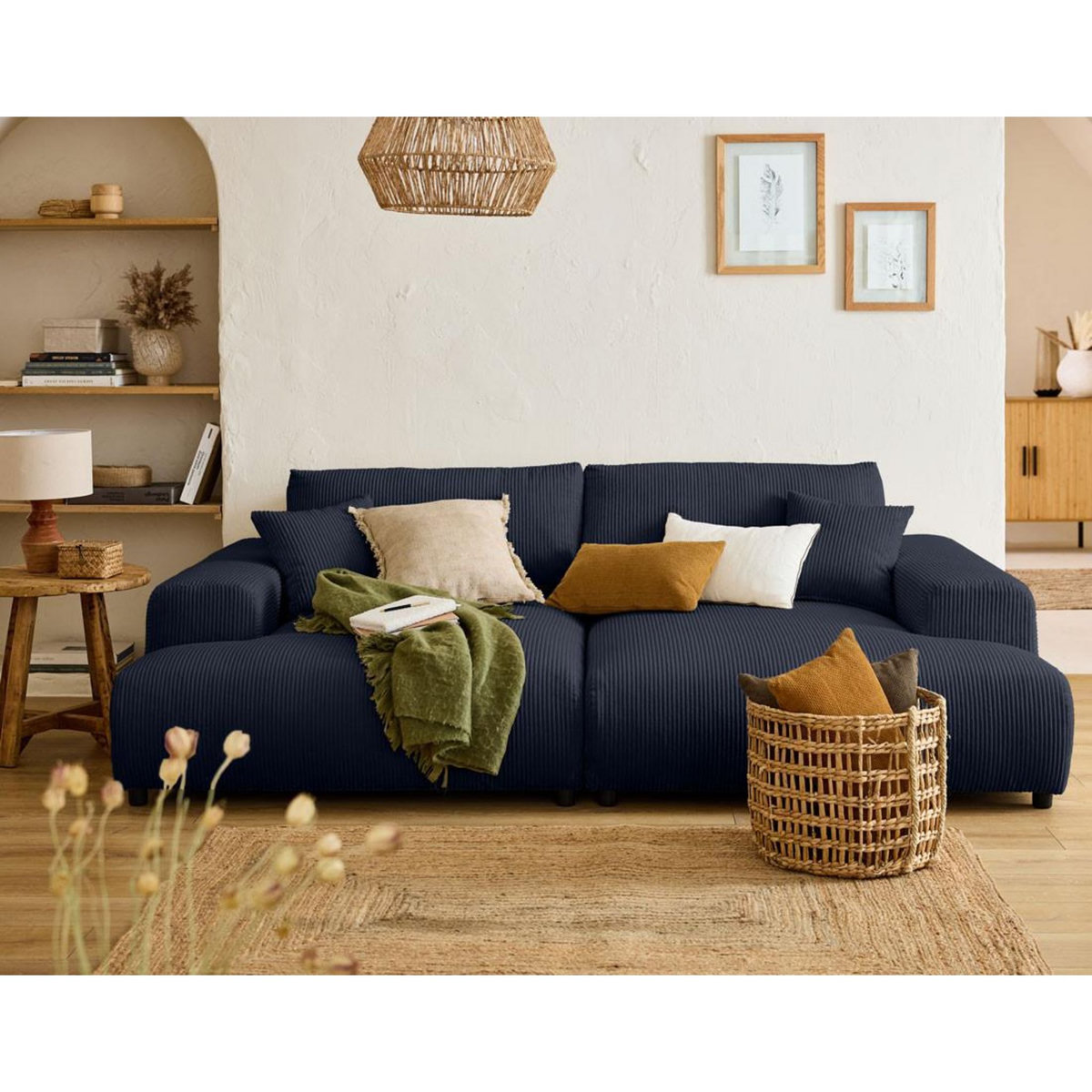 LISA DESIGN Garance - canapé droit 4 places double méridienne - assise profonde - en velours côtelé