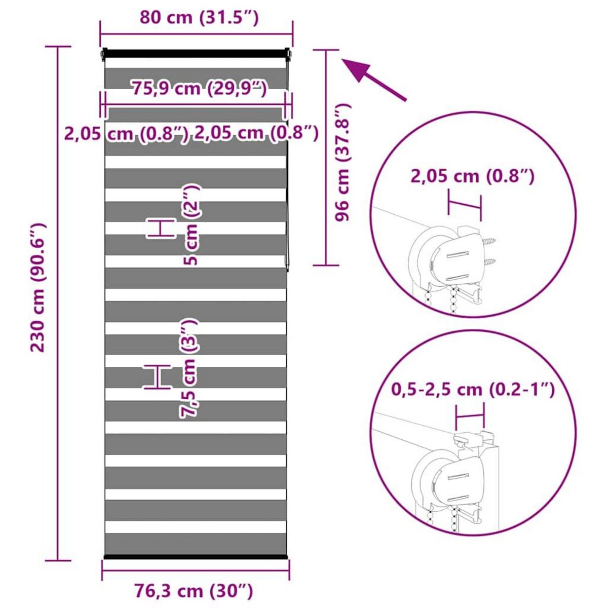 VIDAXL Store zebre gris fonce largeur du tissu 75,9 cm polyester