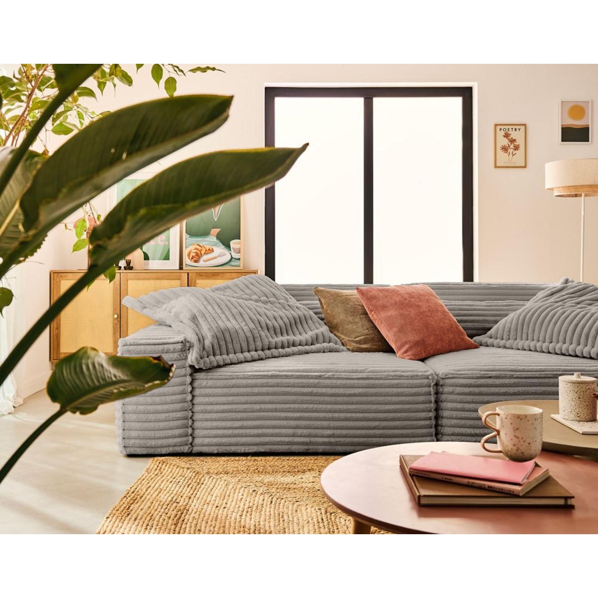 LISA DESIGN Richie - canapé droit 3 places avec double méridienne - assise profonde - en fausse fourrure côtelée