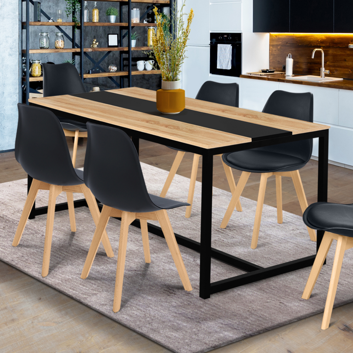 ID MARKET Table à manger rectangle DOVER 8 personnes bande centrale noire design industriel 150 cm