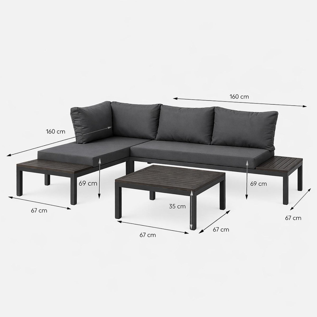 CONCEPT USINE Salon de jardin 3-4 places avec table basse gris foncé MAJURO
