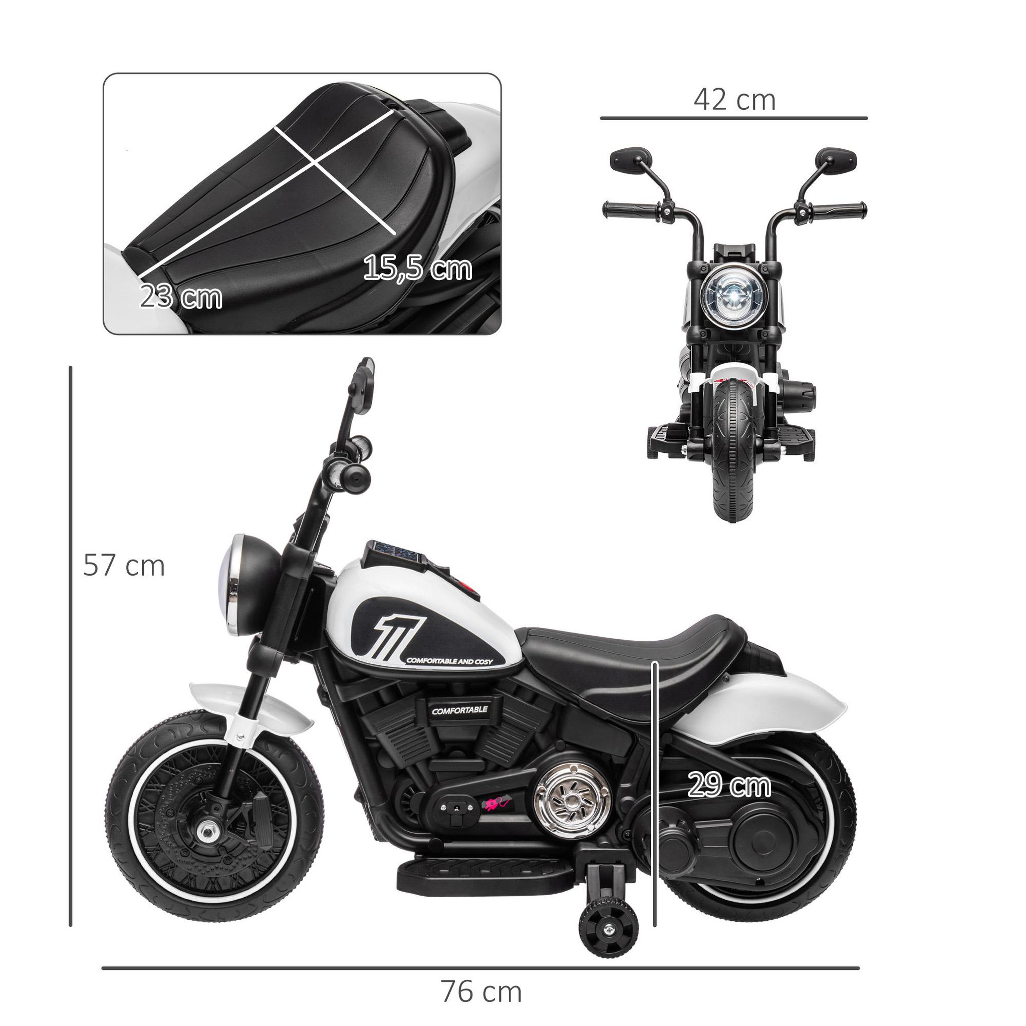 Voir la diapositive 3 : HOMCOM Moto électrique enfant 6 V 3 Km/h effet lumineux roulettes amovibles repose-pied pédale métal PP blanc noir