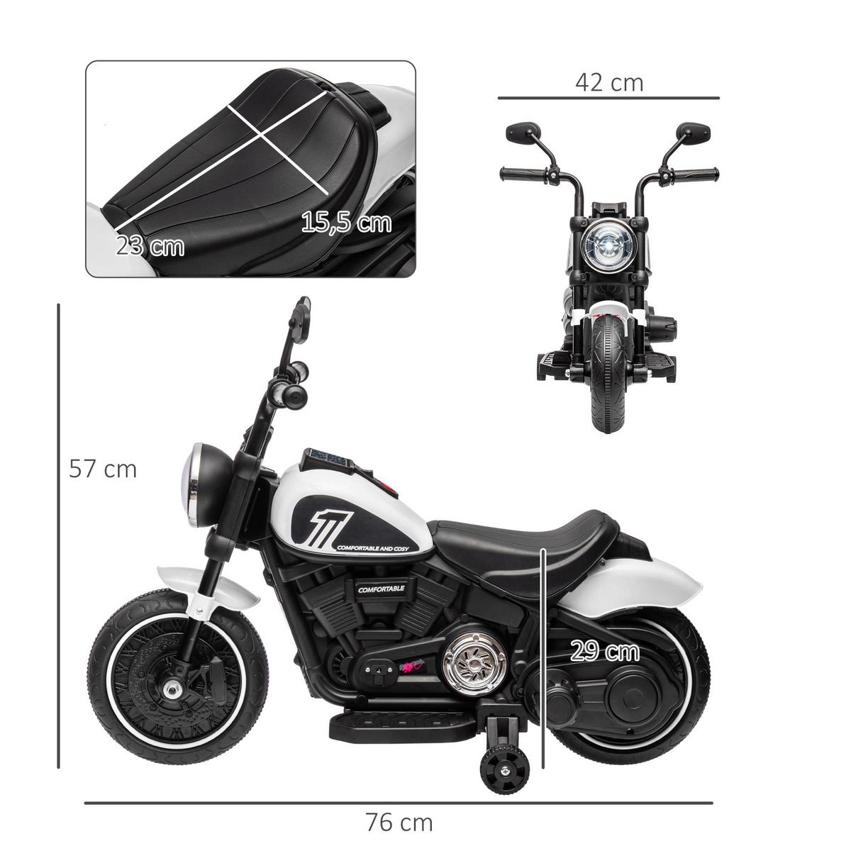 HOMCOM Moto électrique enfant 6 V 3 Km/h effet lumineux roulettes amovibles repose-pied pédale métal PP blanc noir
