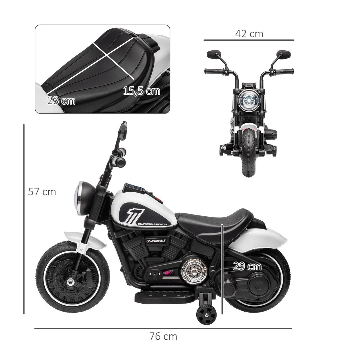 HOMCOM Moto électrique enfant 6 V 3 Km/h effet lumineux roulettes amovibles repose-pied pédale métal PP blanc noir
