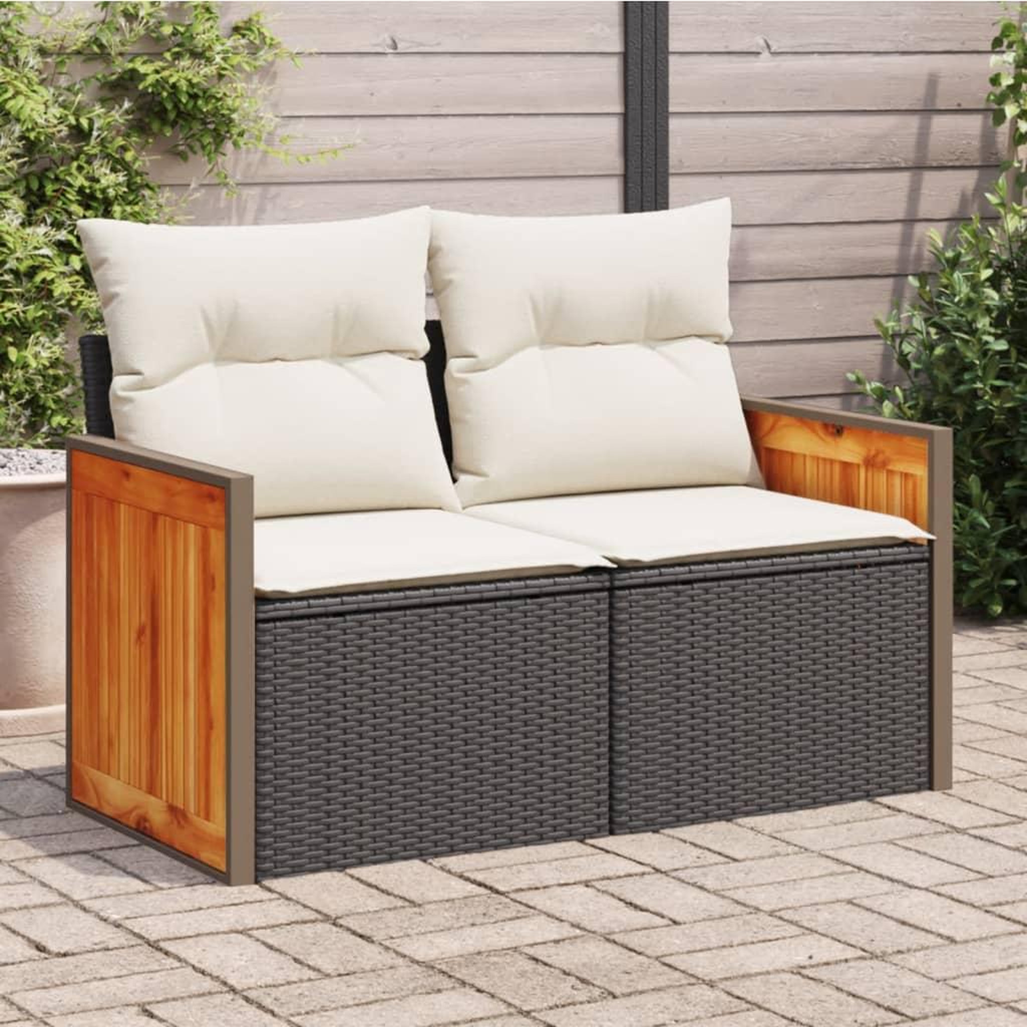 VIDAXL Canape de jardin avec coussins 2 places noir resine tressee