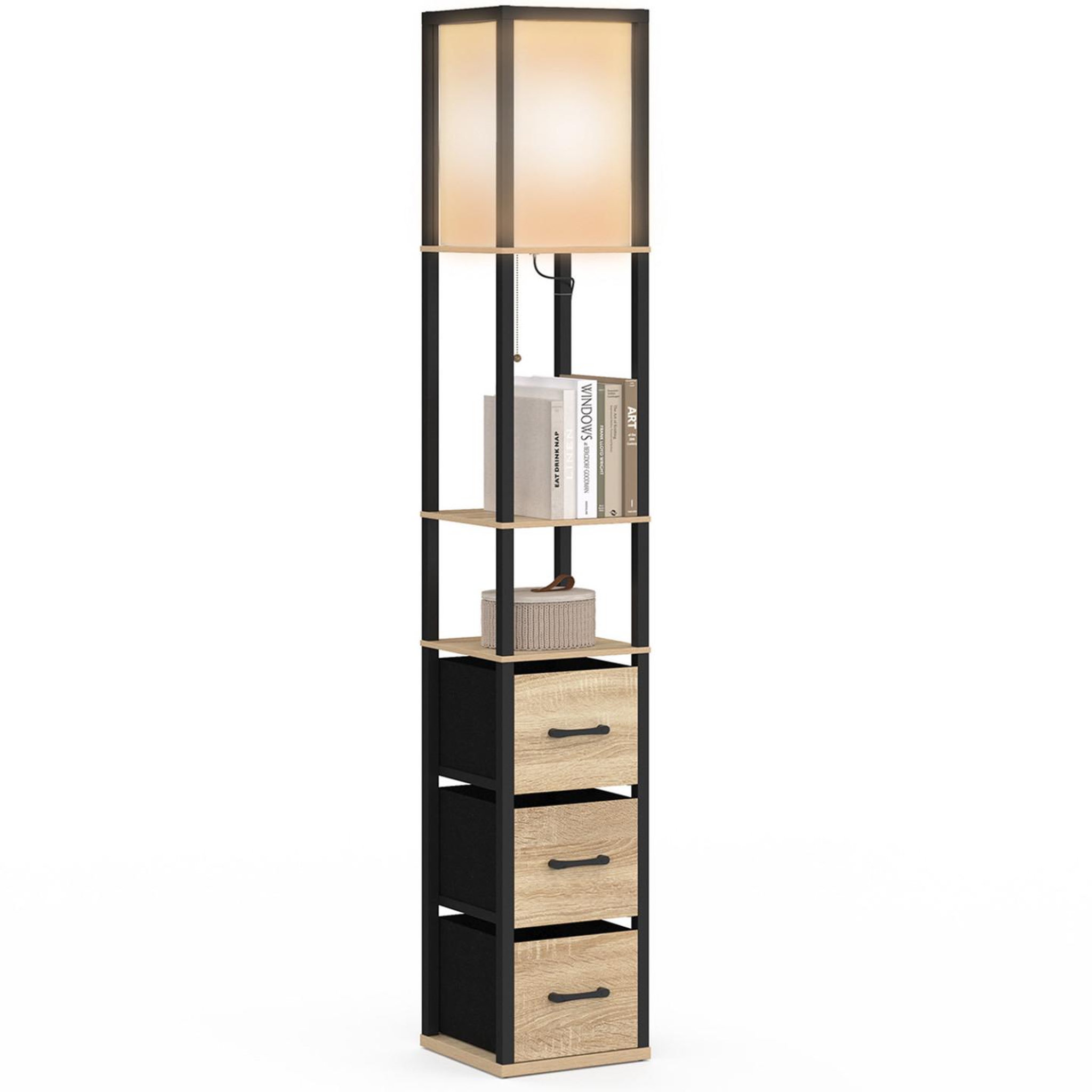 ID MARKET Lampadaire industriel en bois noir avec étagères bois clair 3 tiroirs tissu utah et abat-jour carré blanc